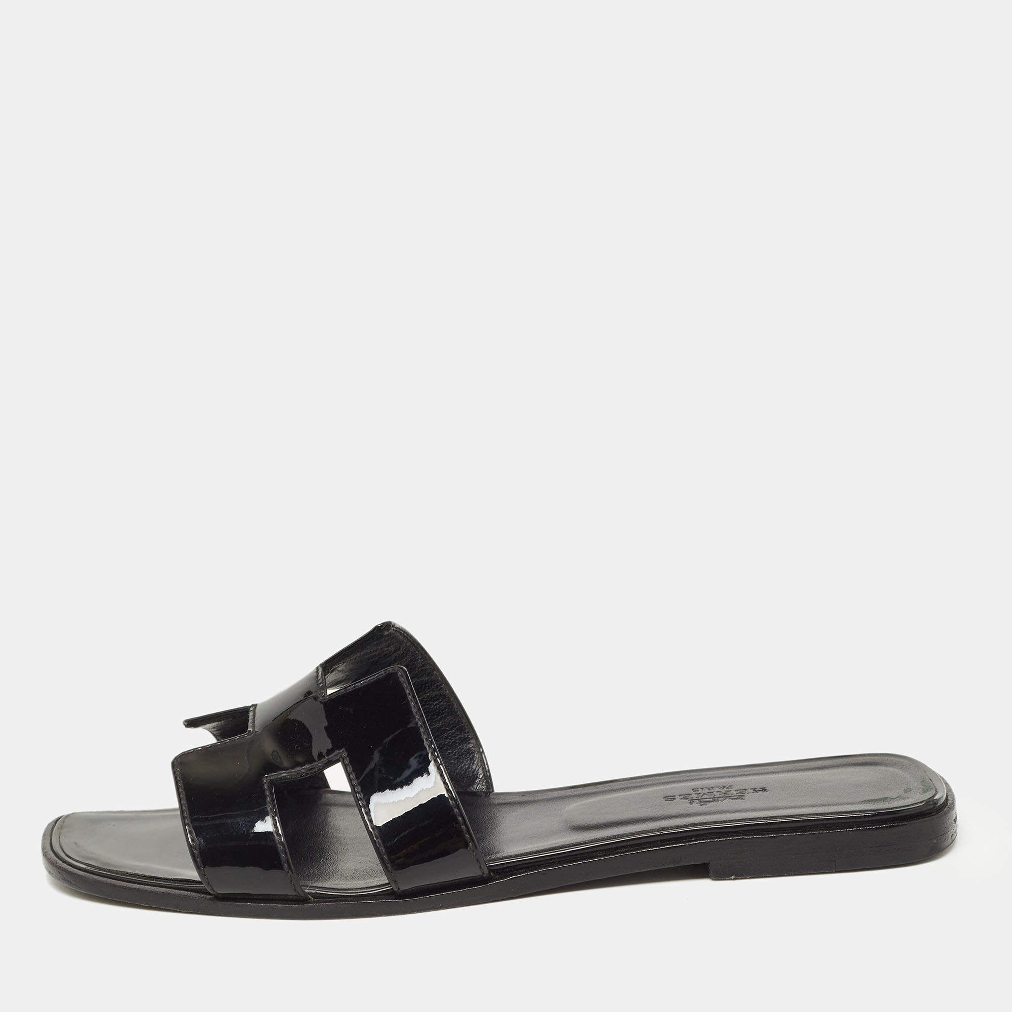 Hermes Black Patent Oran Slide Flats Size 40