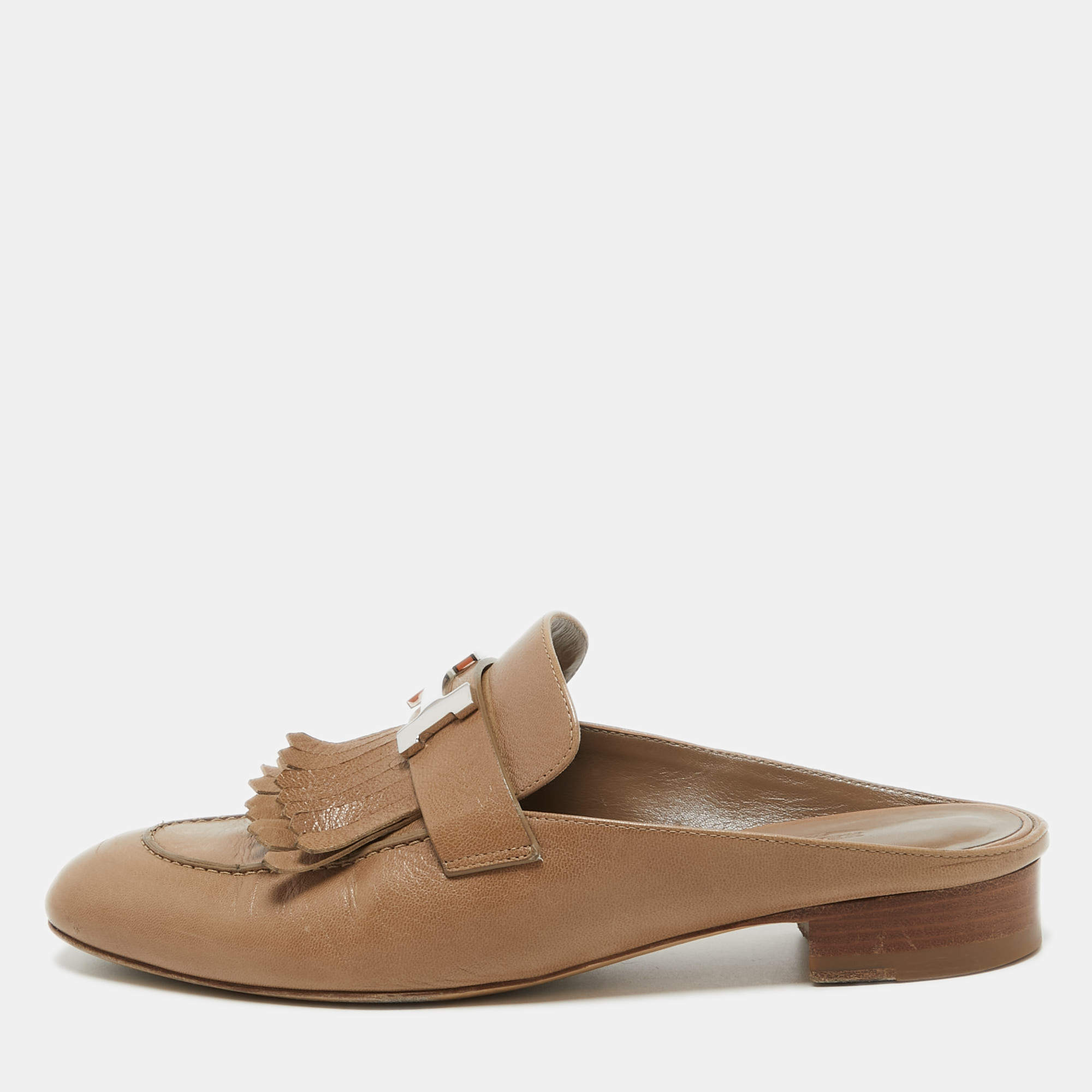 Hermes Brown Leather Rivoli Mules Size 39