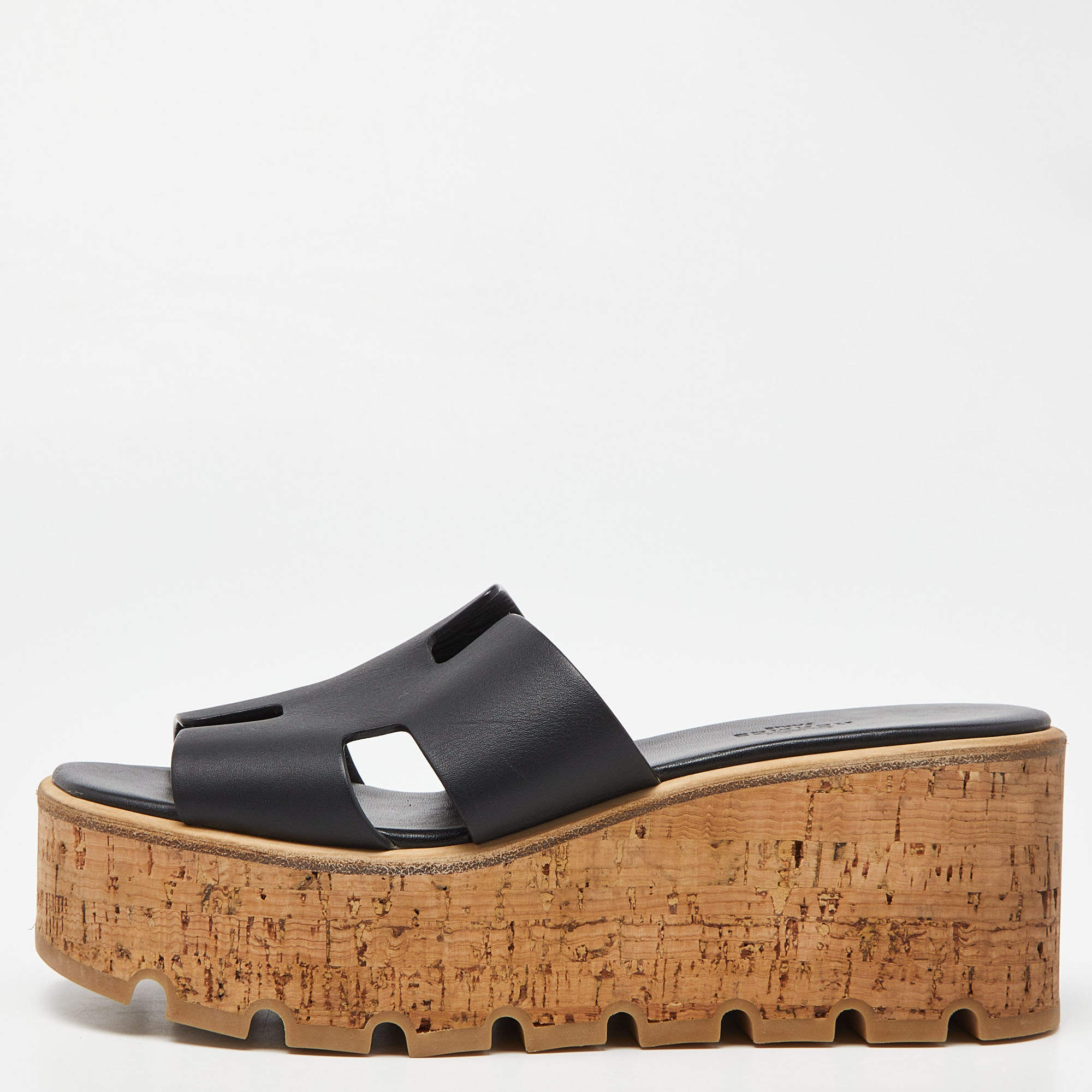 Hermes Black Leather Eze Platform Sandals Size 37