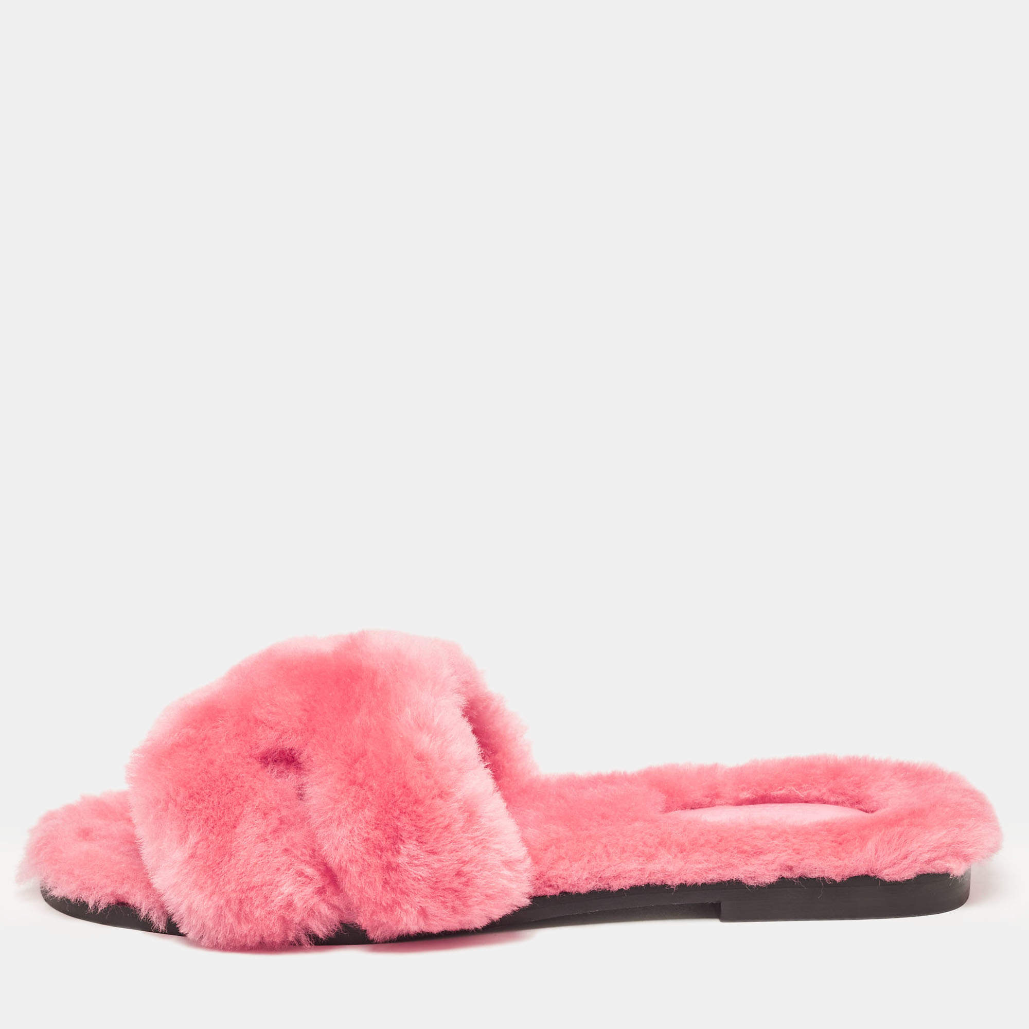 Hermes Pink Fur Oran Flat Slides Size 39