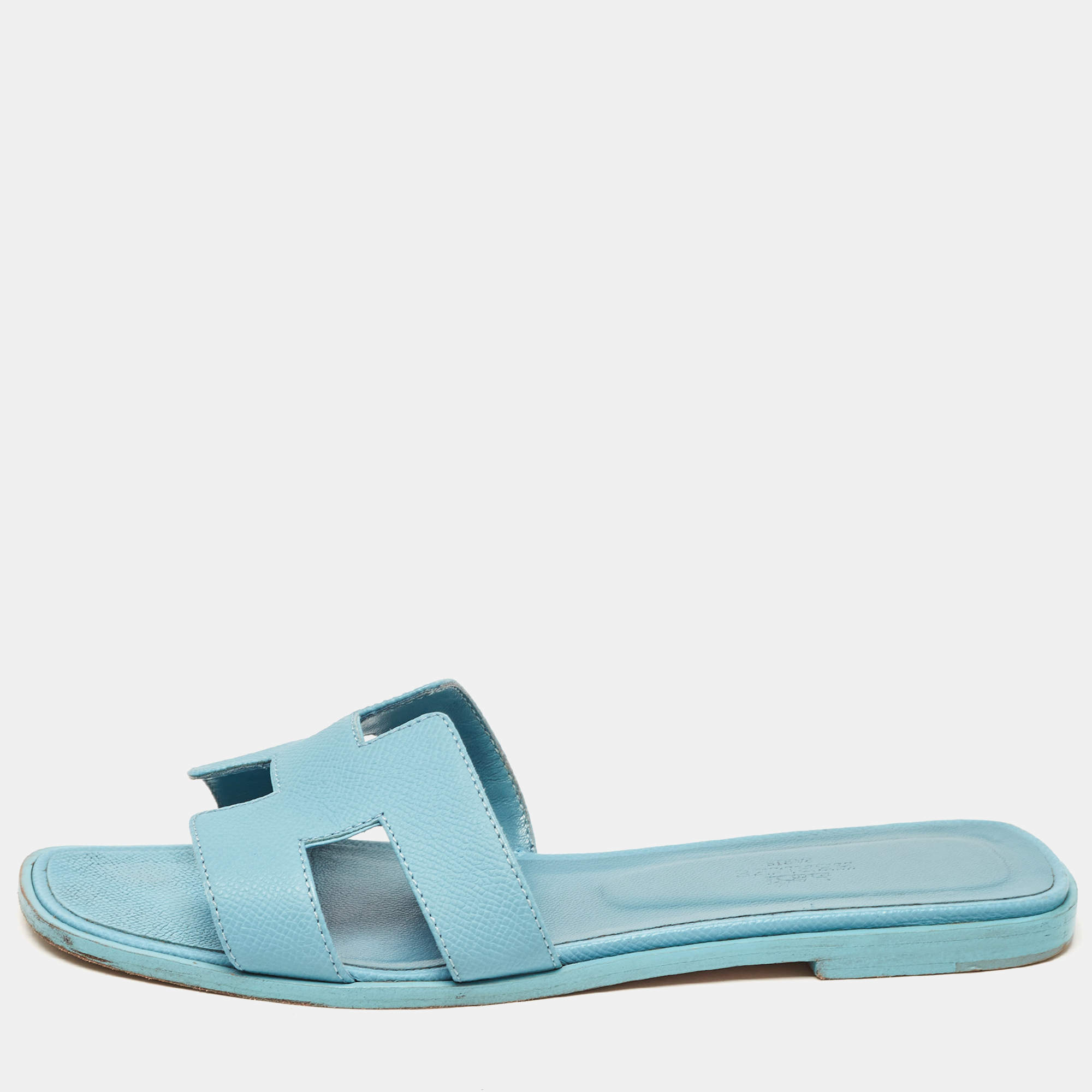 Hermes Blue Textured Leather Oran Flat Slides Size 39.5