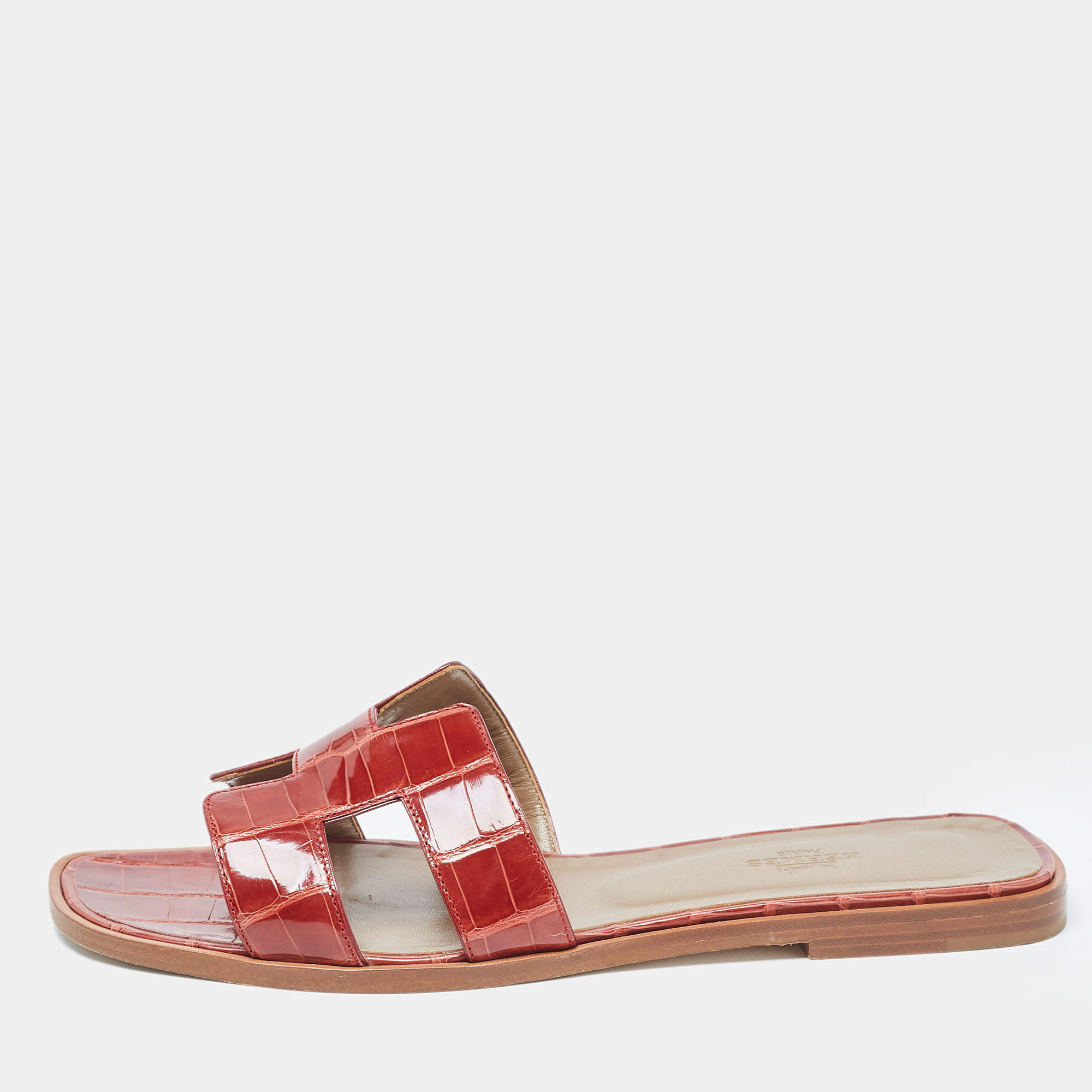 Pre Owned Hermes Brown Patent Crocodile Oran Flat Slides Size 40