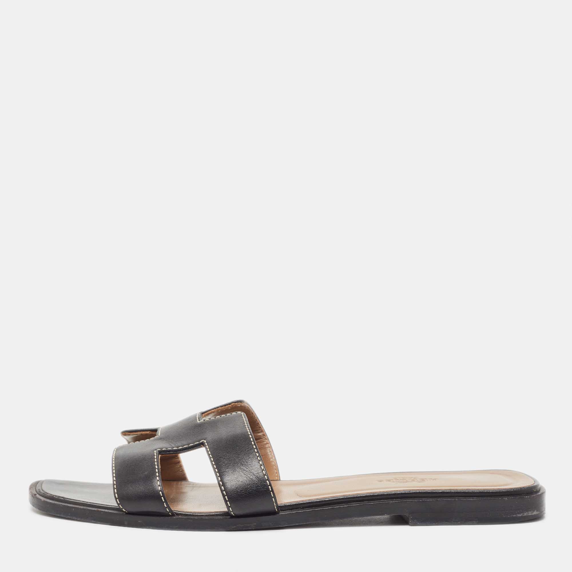 Hermes Black Leather Oran Flat Slides Size 37
