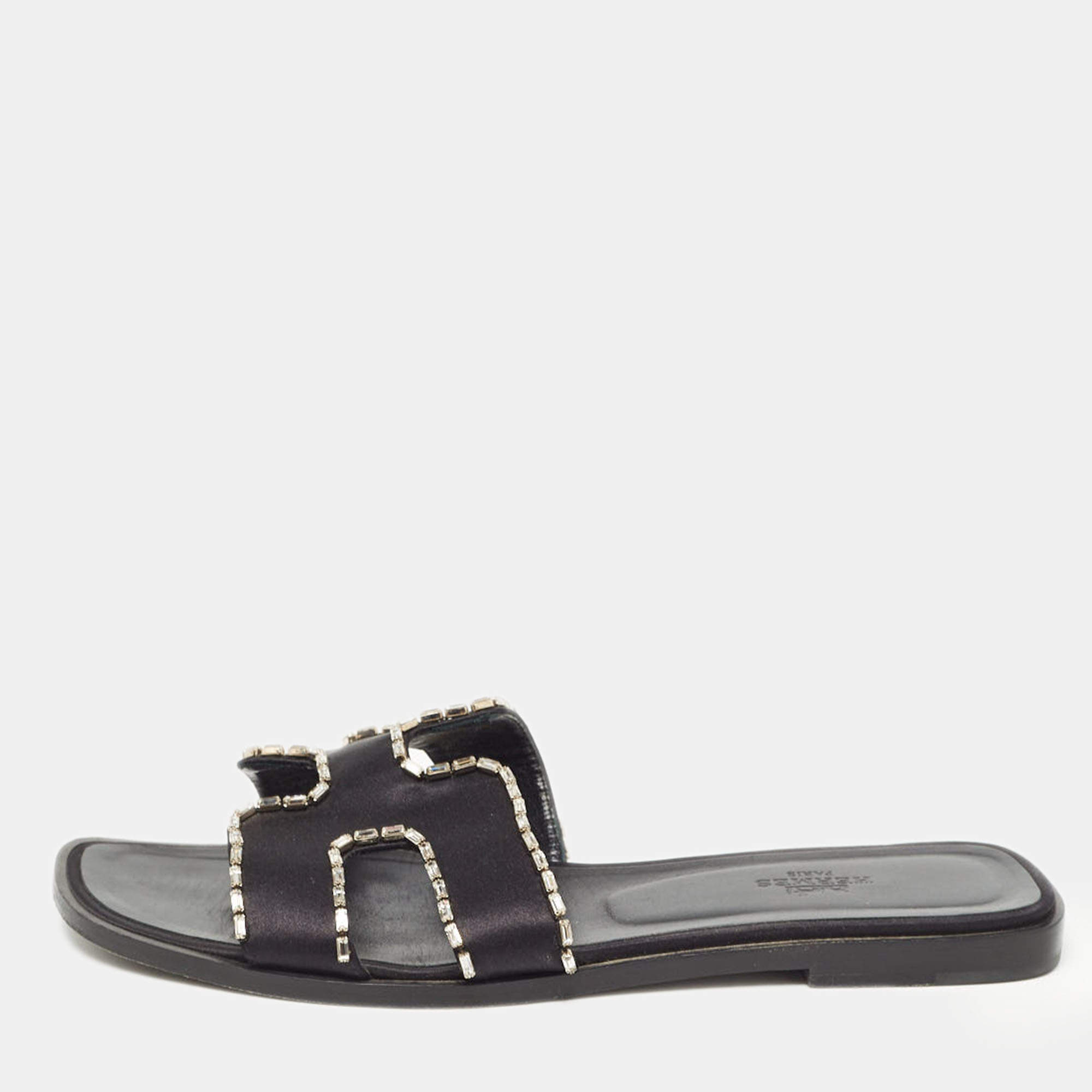 Pre Owned Hermes Black Satin Crystal Embellished Oran Flat Slides Size 39