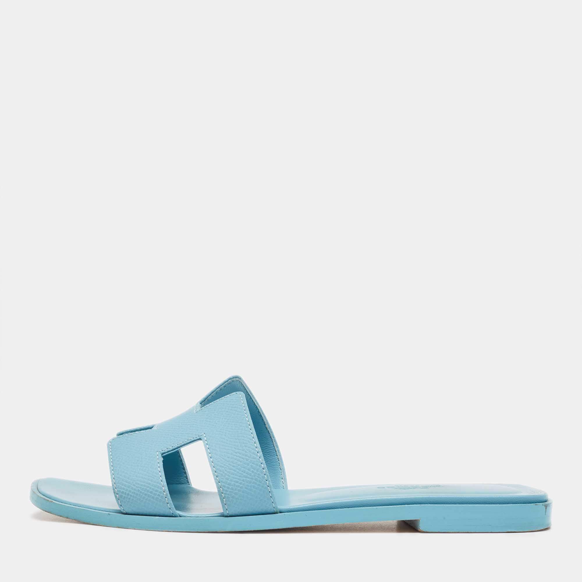 Hermes Blue Leather Oran Flat Slides Size 36