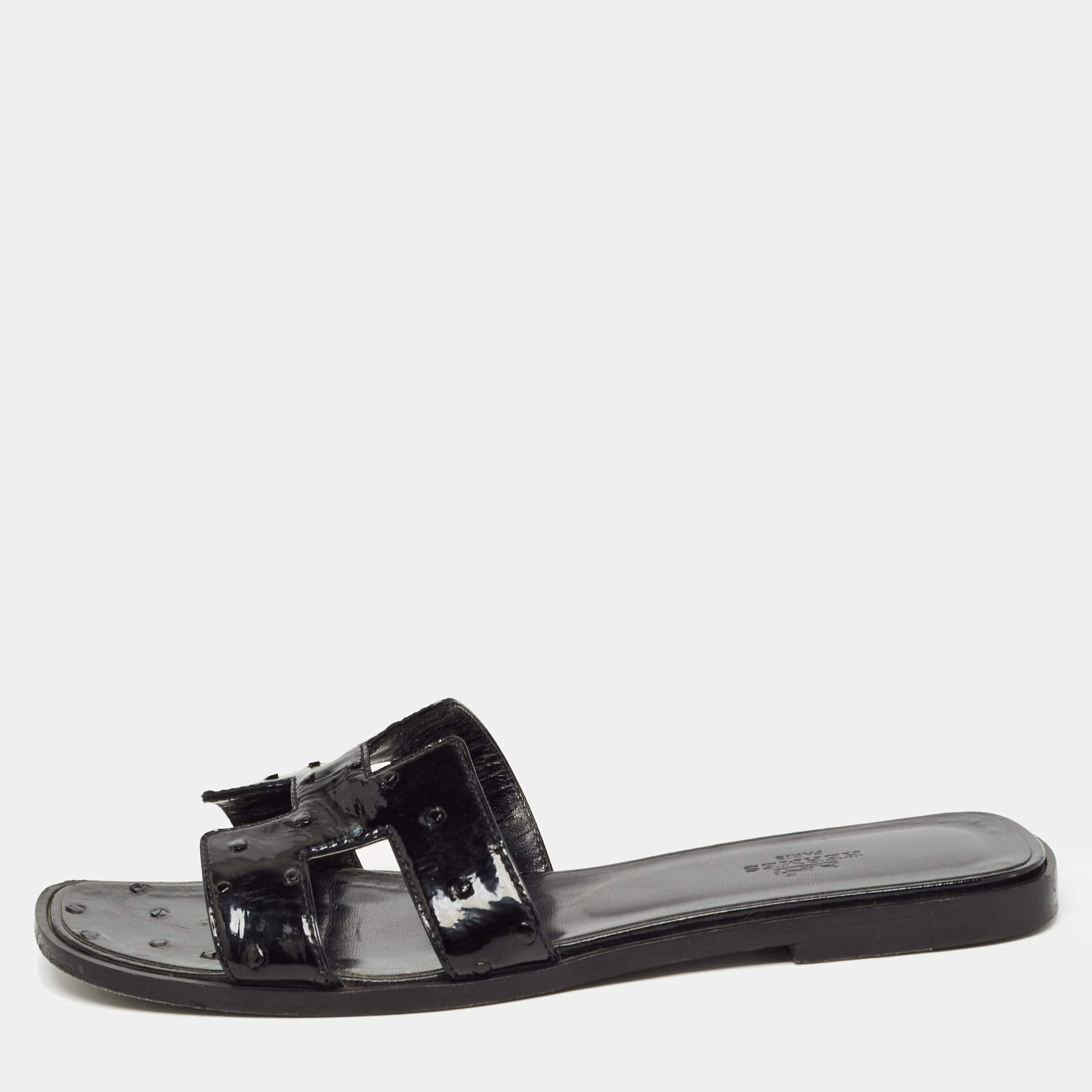 Hermes Black Ostrich Oran Slide Flats Size 39