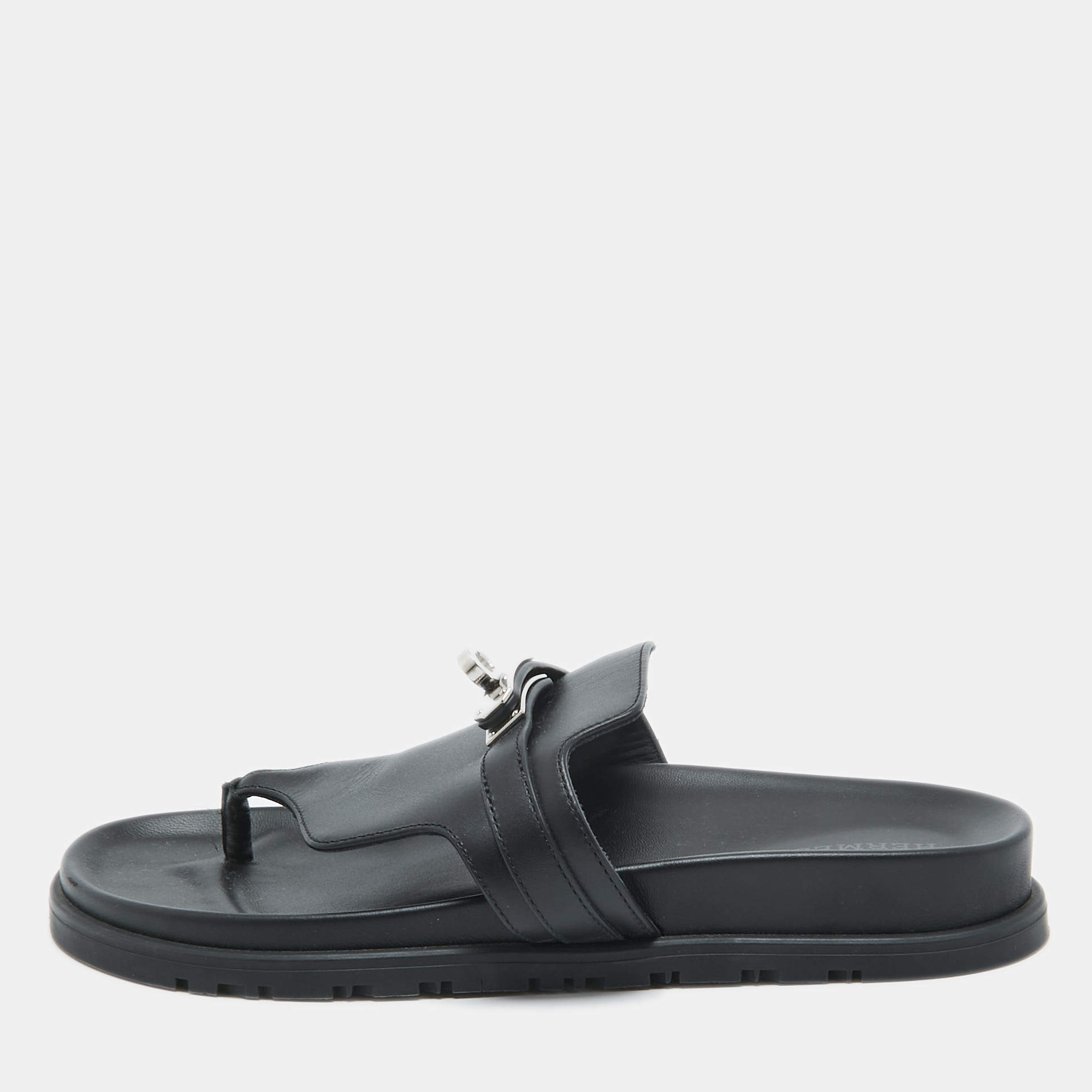 Pre Owned Hermes Black Leather Empire Thong Slides Size 37