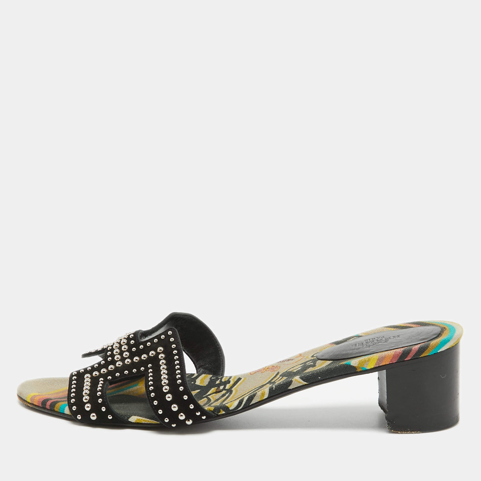 Pre Owned Hermes Black Suede Studded Oasis Slide Sandals Size 40