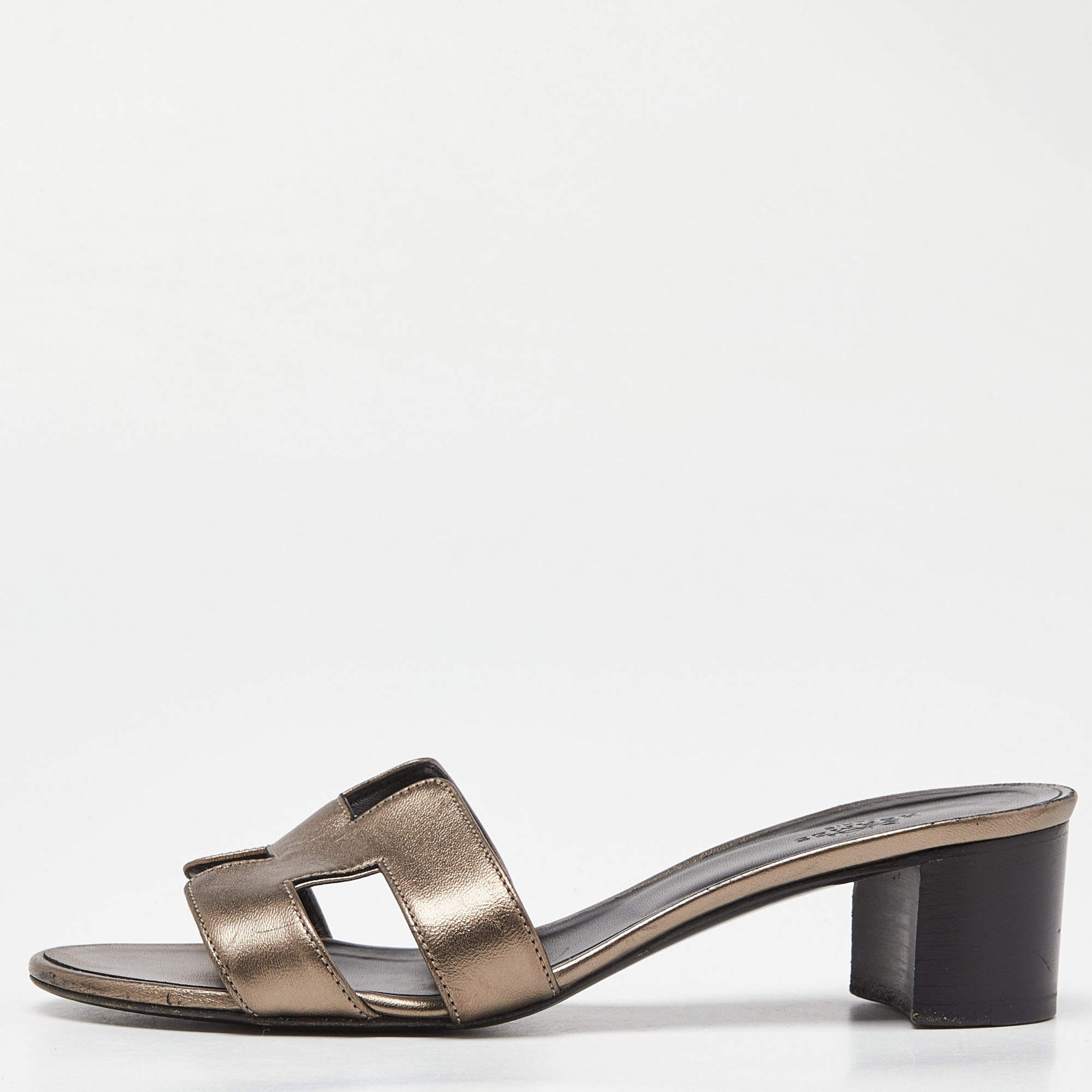 Hermes Metallic Leather Oasis Slide Sandals Size 38