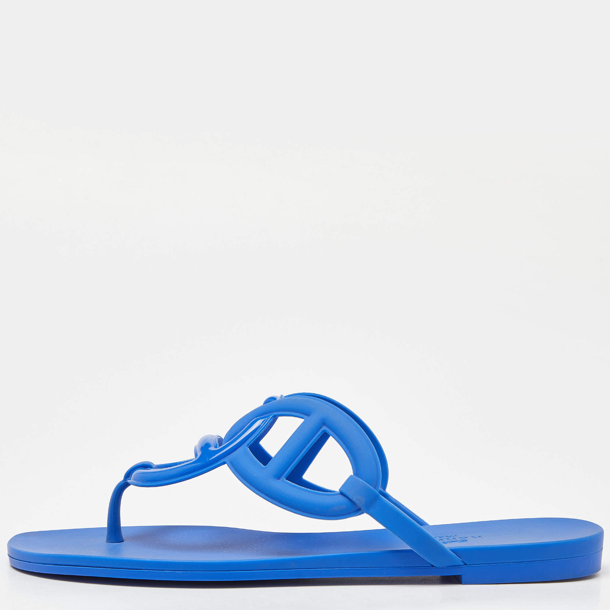 Hermes Blue Rubber Egerie Thong Flat Slides Size 37