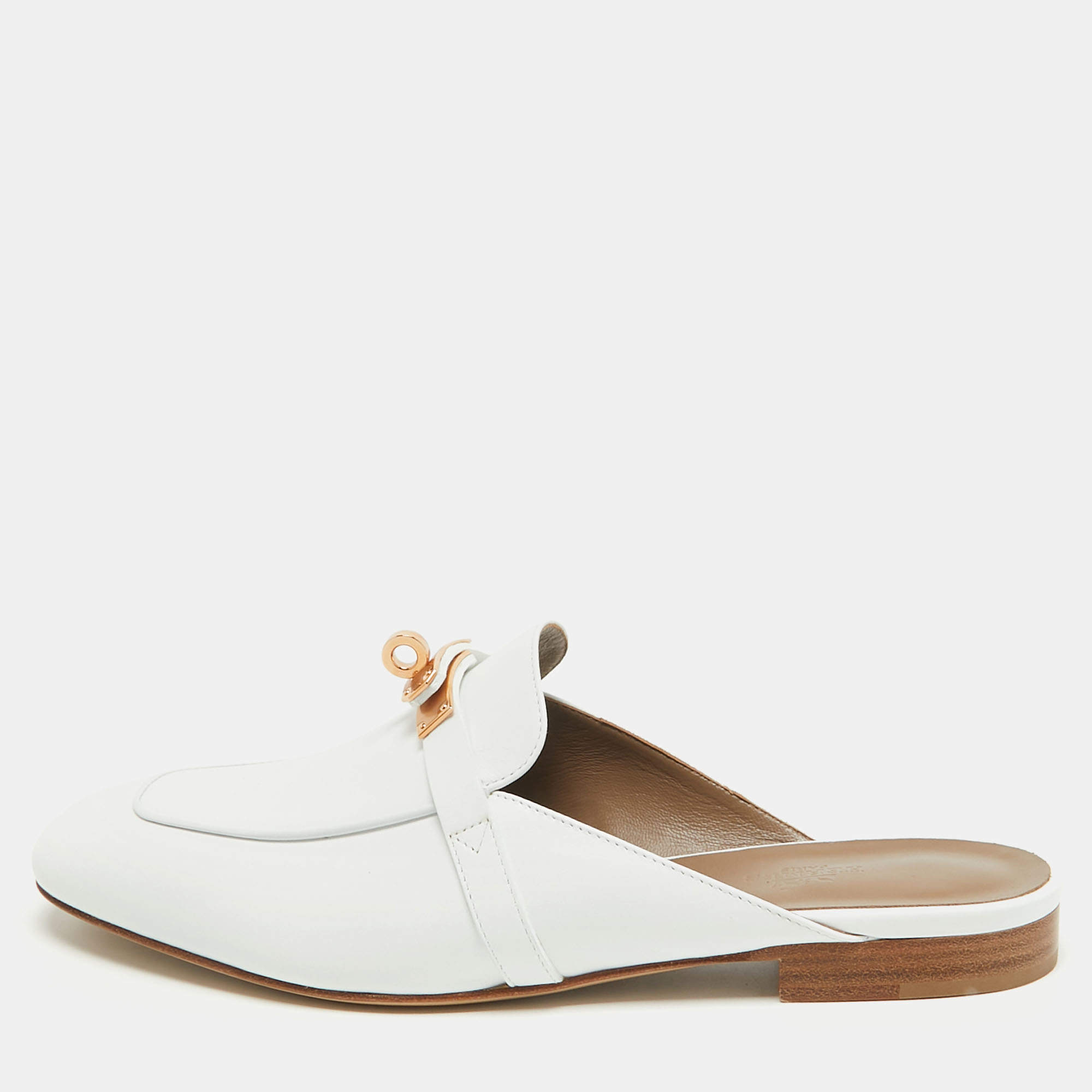 Hermes White Leather Oz Flat Mules Size 39