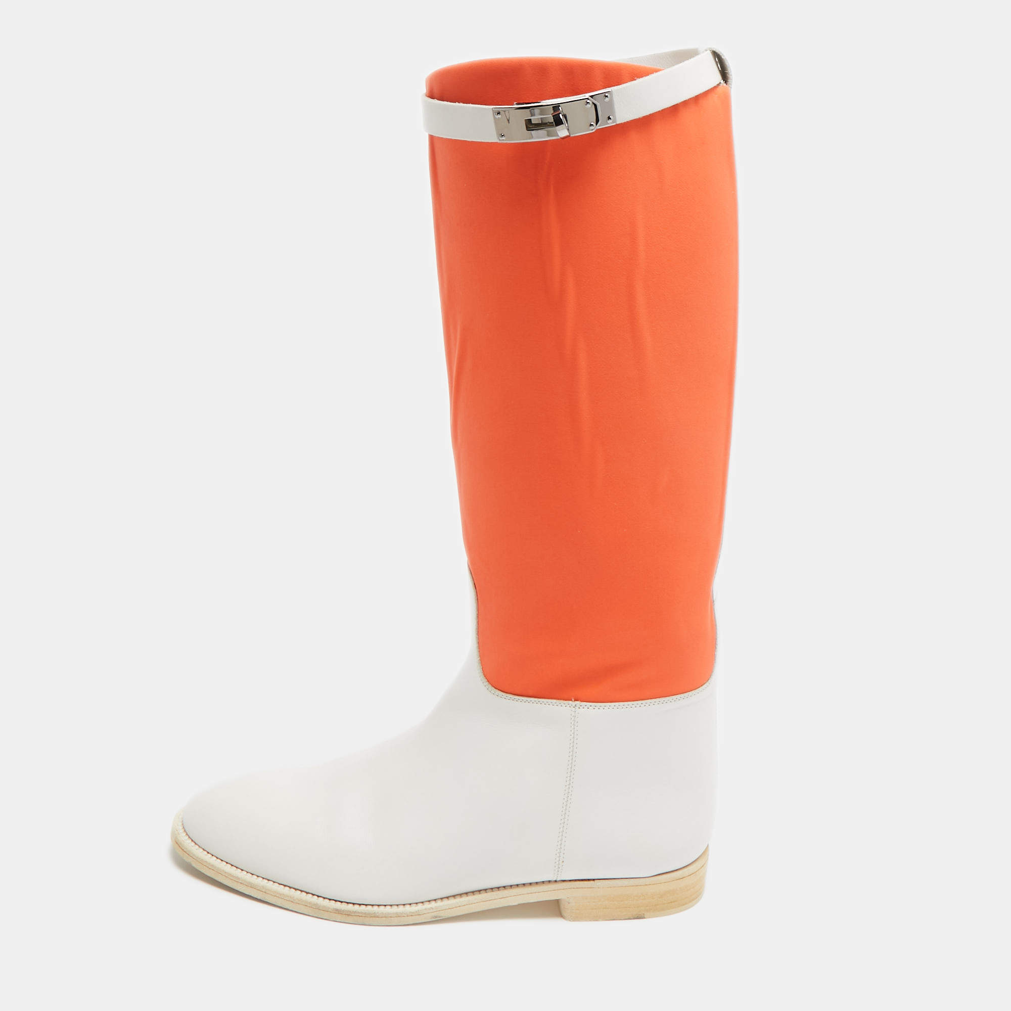 Hermes Neon Orange/White Neoprene and Leather Jumping Boots Size 39