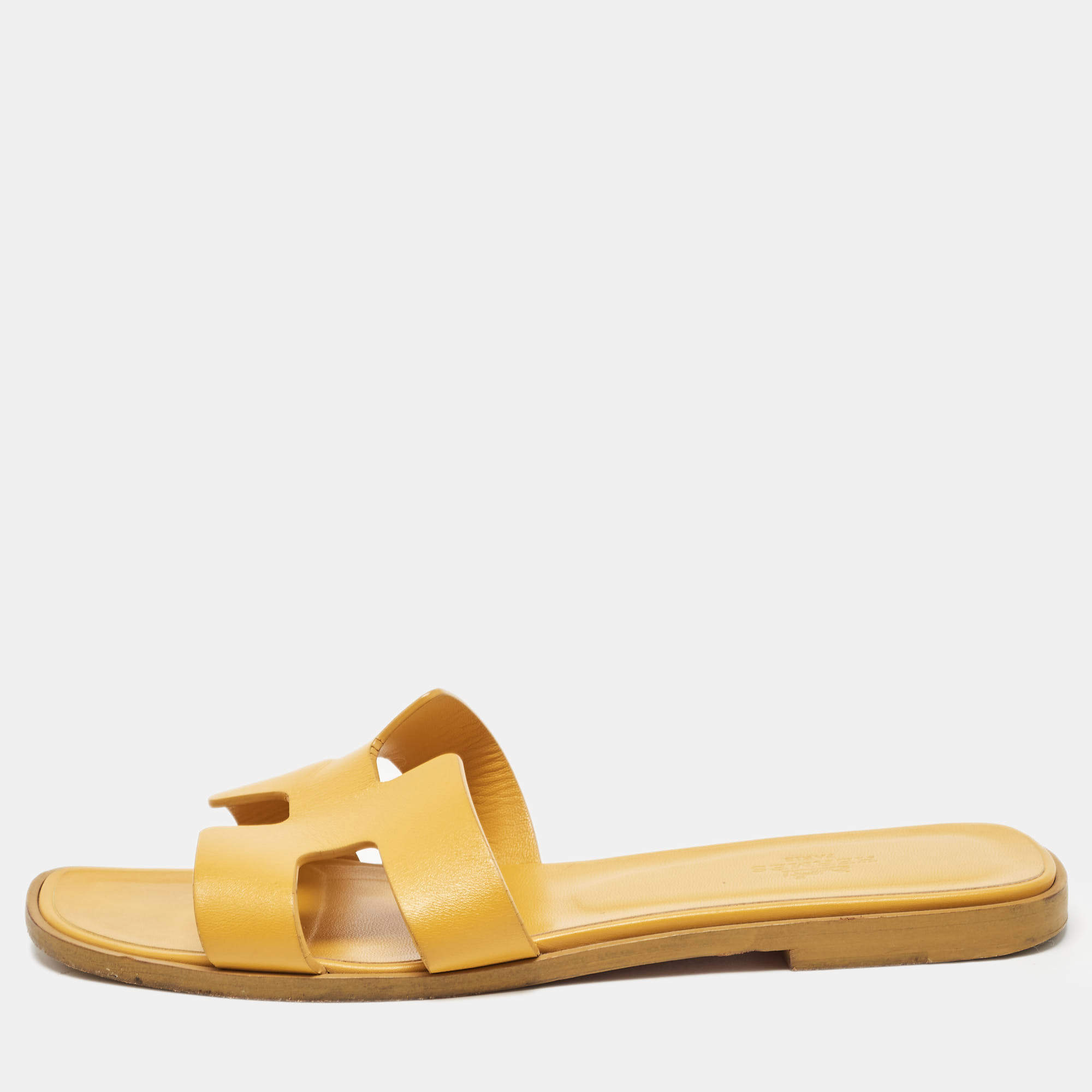 Hermes Yellow Leather Oran Flat Slides Size 38