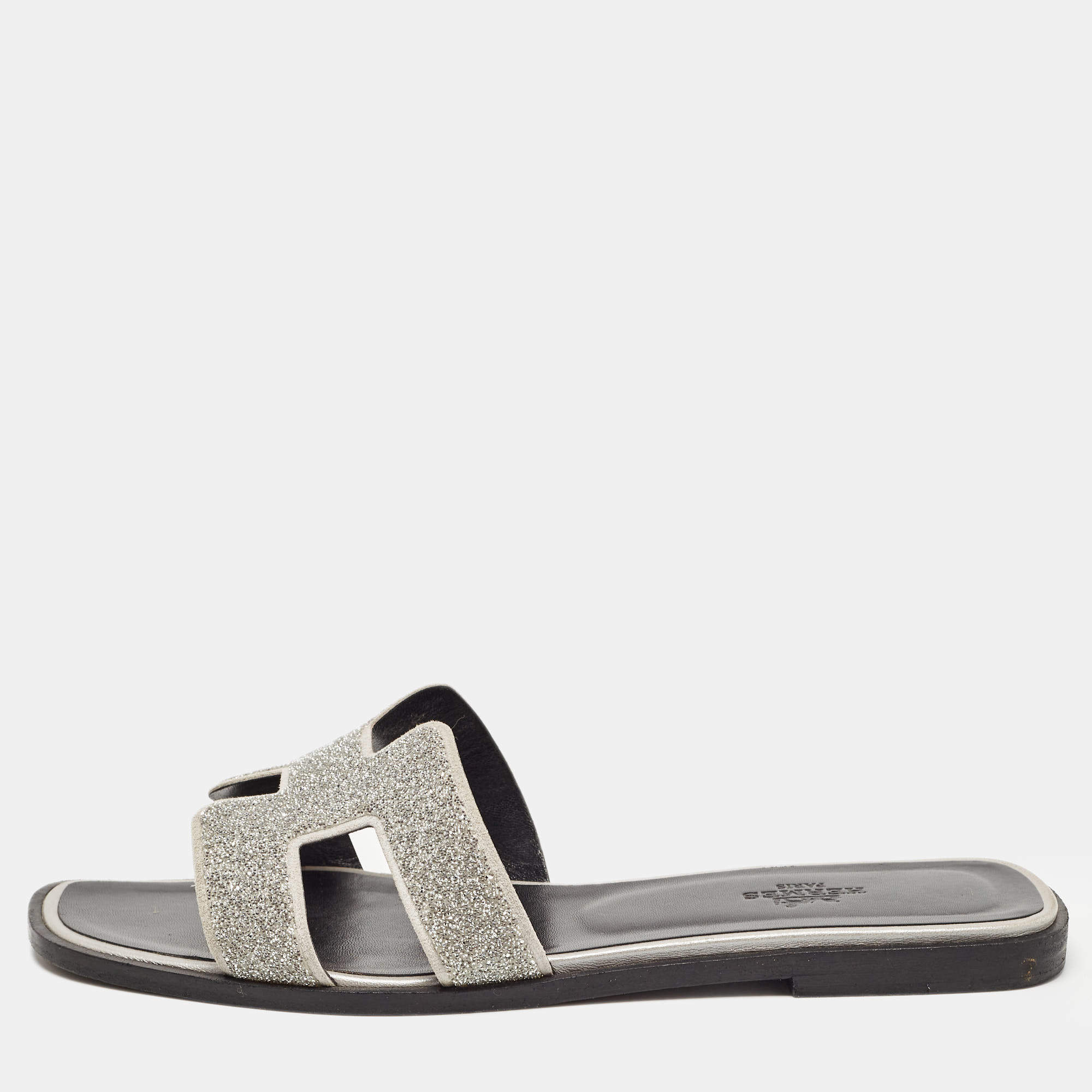 Hermes Silver Suede and Glitter Opne Toe Flat Oran Slides Size 38.5