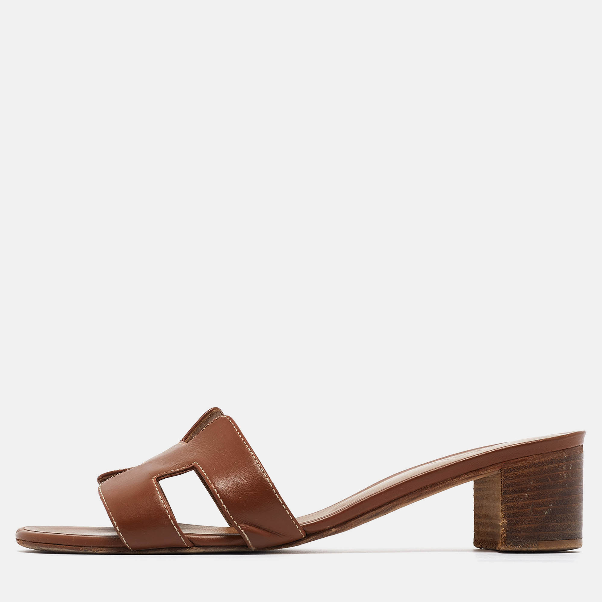 Hermes Brown Leather Oasis Slide Sandals Size 38.5