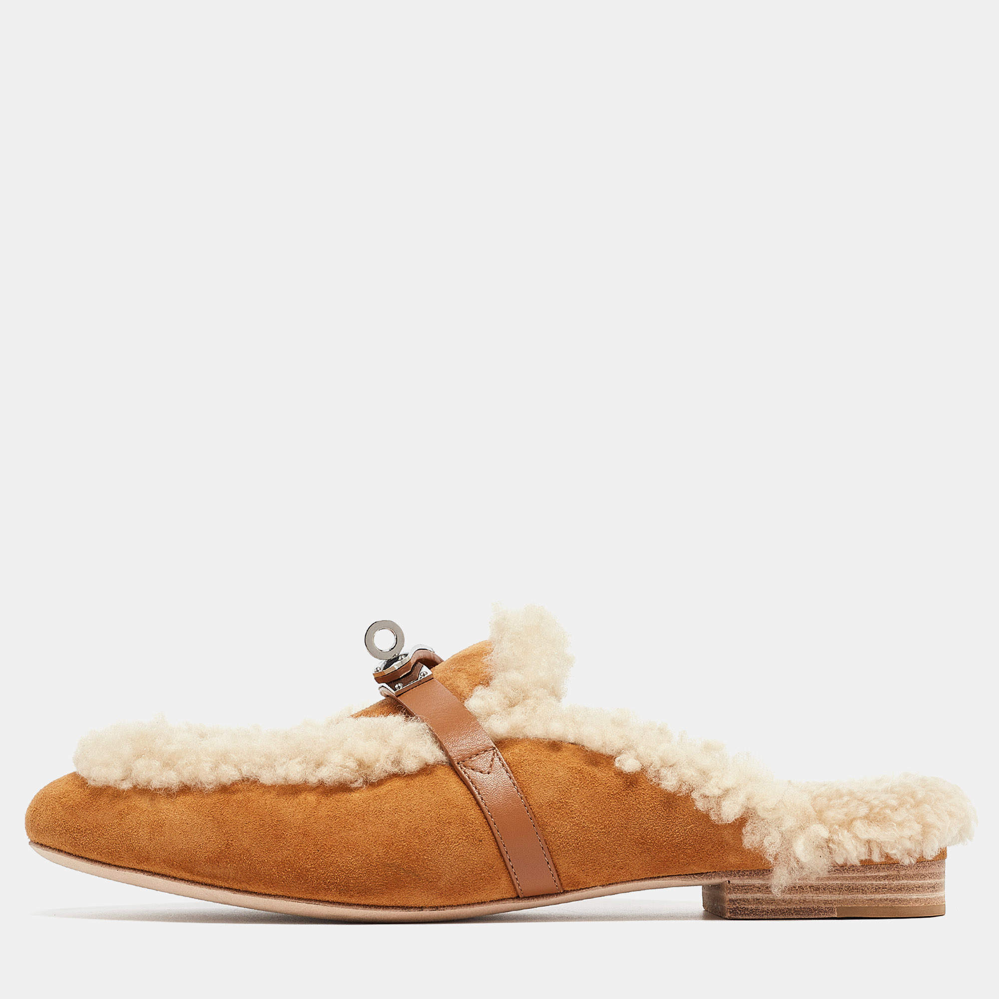Hermes Light Brown Suede and Fur Oz Mules Size 40  