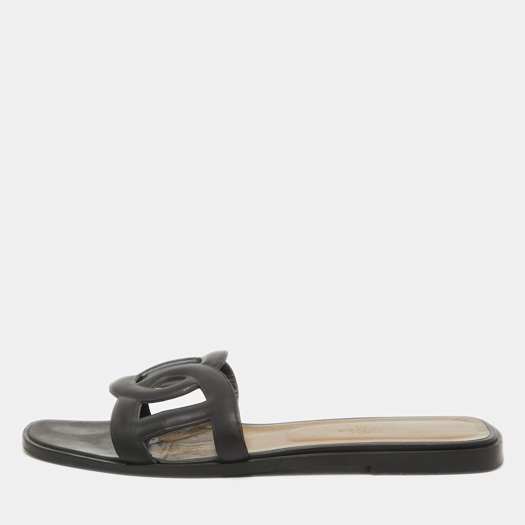 Hermes Black Leather Omaha Flat Slides Size 39.5