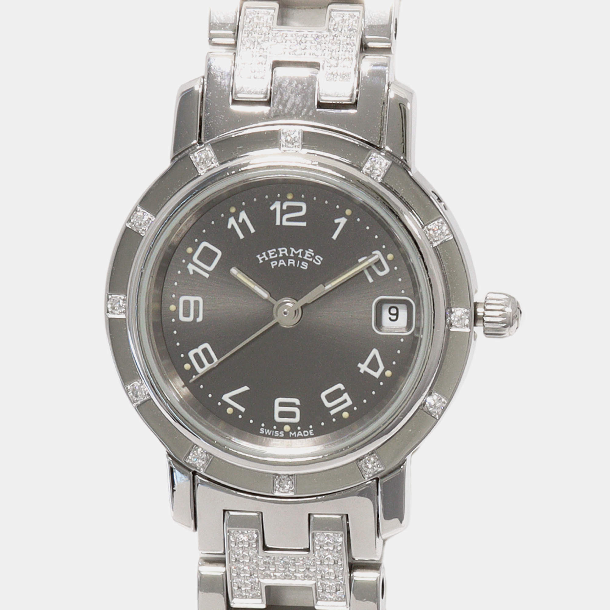 Hermes Grey Stainless Steel Clipper CL4.230 Quartz Women's Wristwatch 24 mm