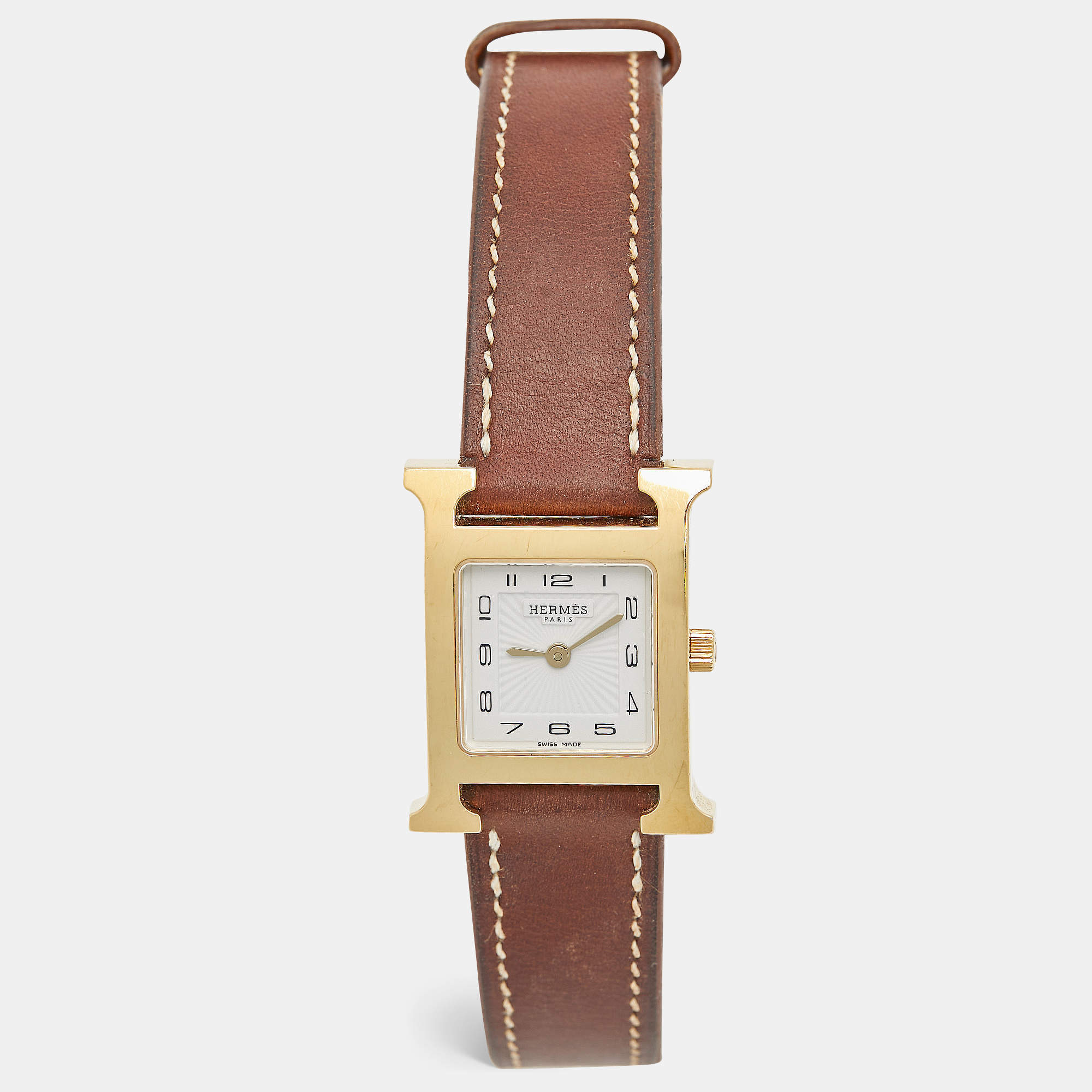 Hermes White Yellow Gold Plated Stainless Steel Leather Heure H W036734WW00 Women's Wristwatch 21 mm 