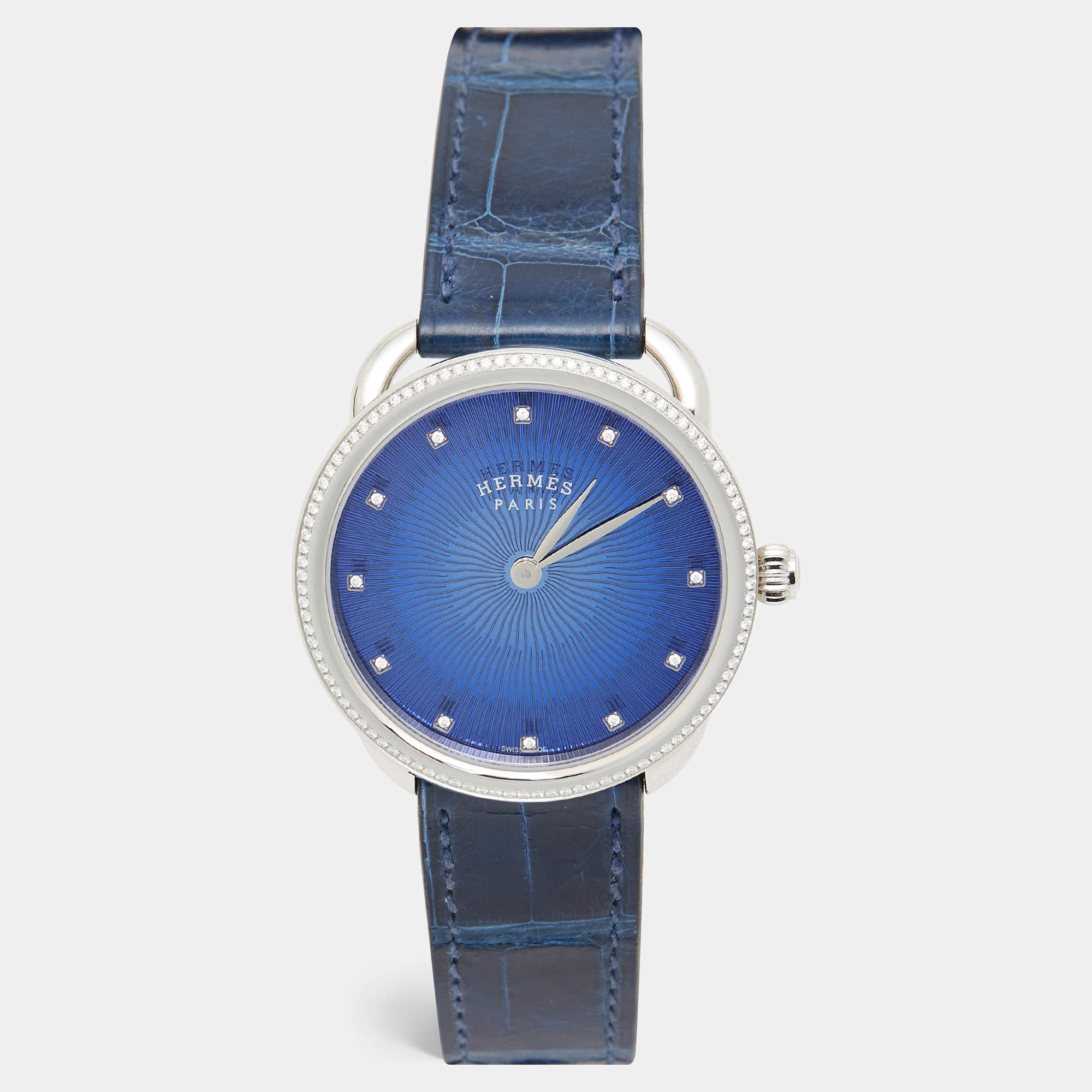 Hermes Blue Diamond Stainless Steel Alligator Arceau Soleil AR5.330 Women's Wristwatch 36 mm
