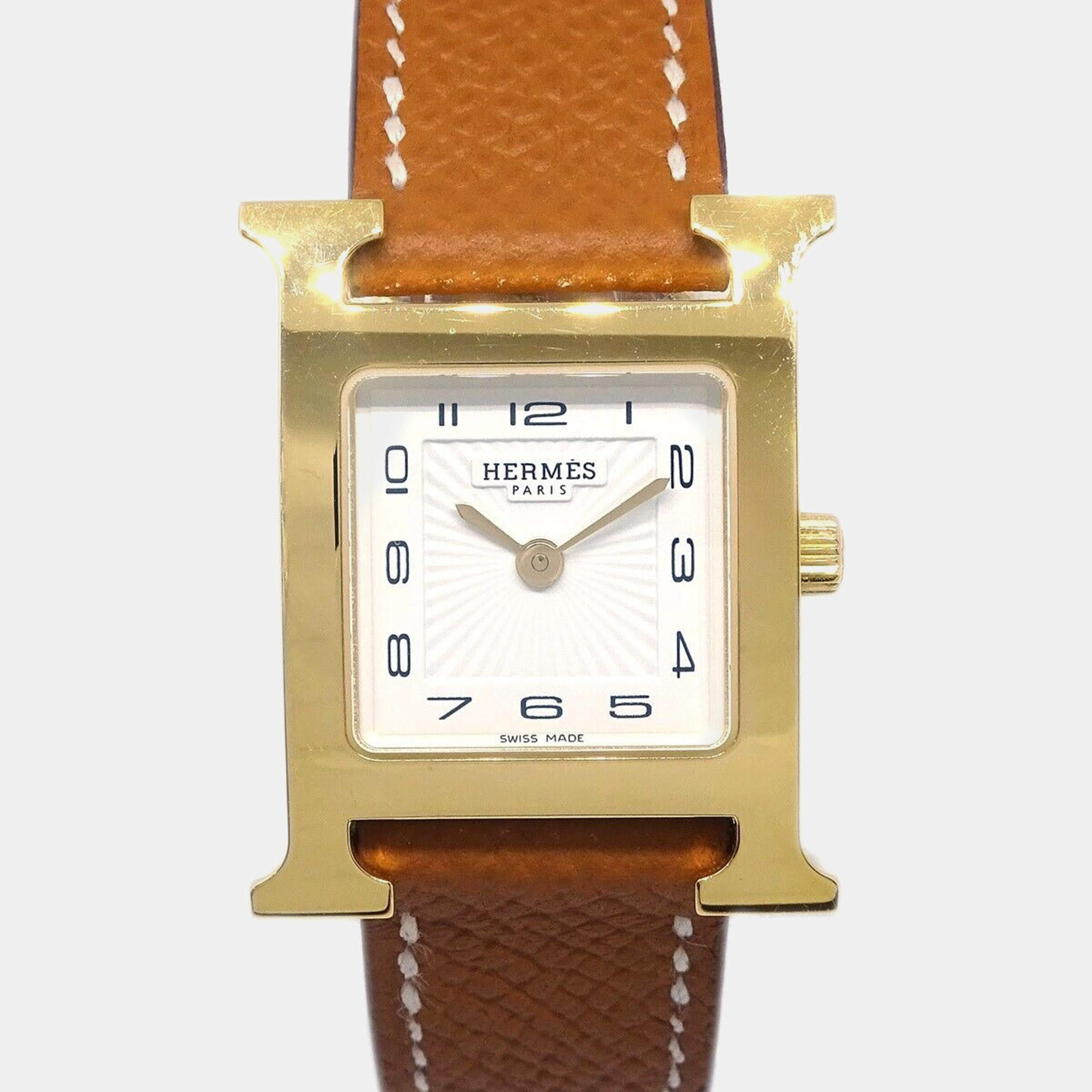 Hermes Yellow Gold Plated Stainless Steel Heure H Quartz Women's Wristwatch 25 mm