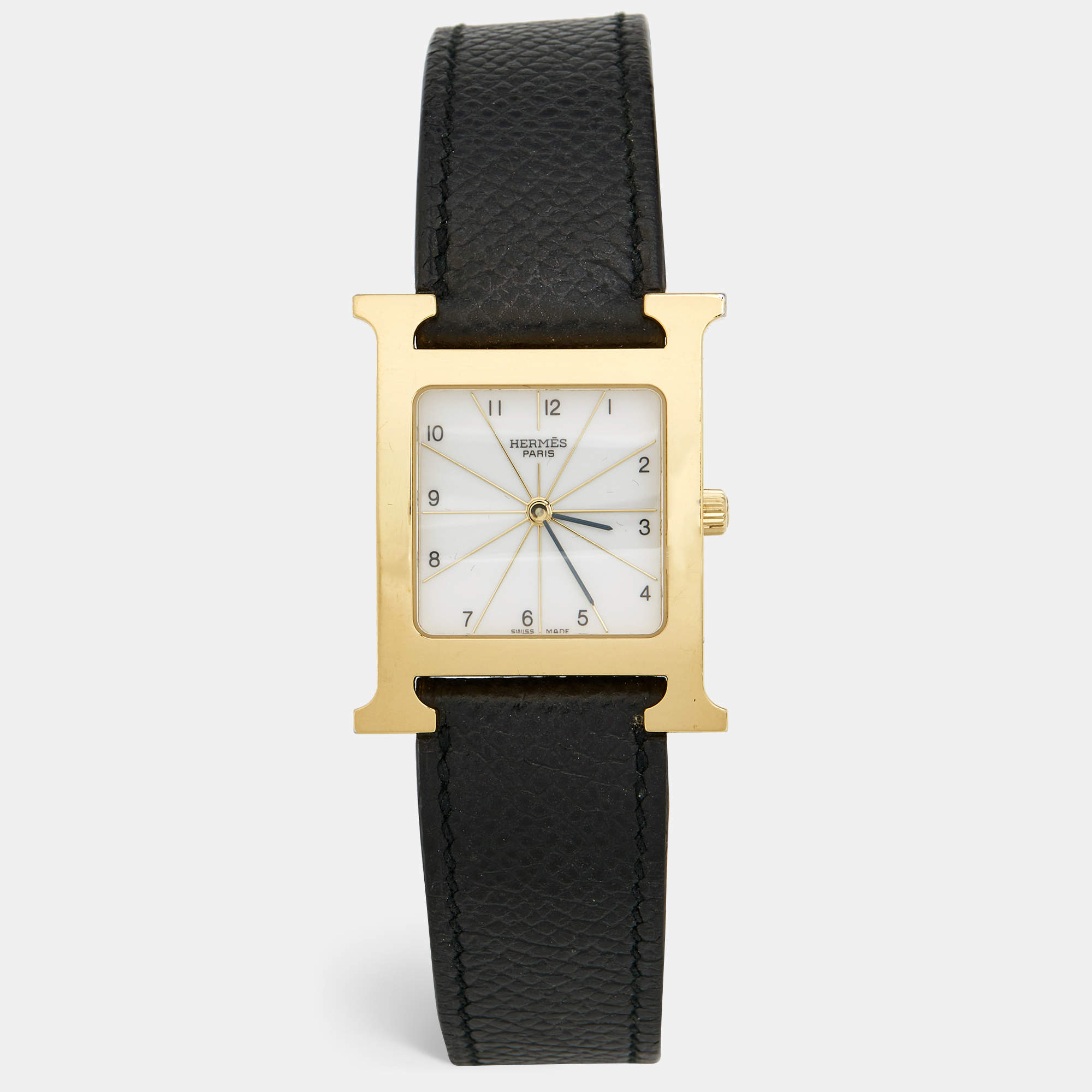 Hermes White Yellow Gold Plated Stainless Steel Leather Heure H HH1.510 Women's Wristwatch 26 mm