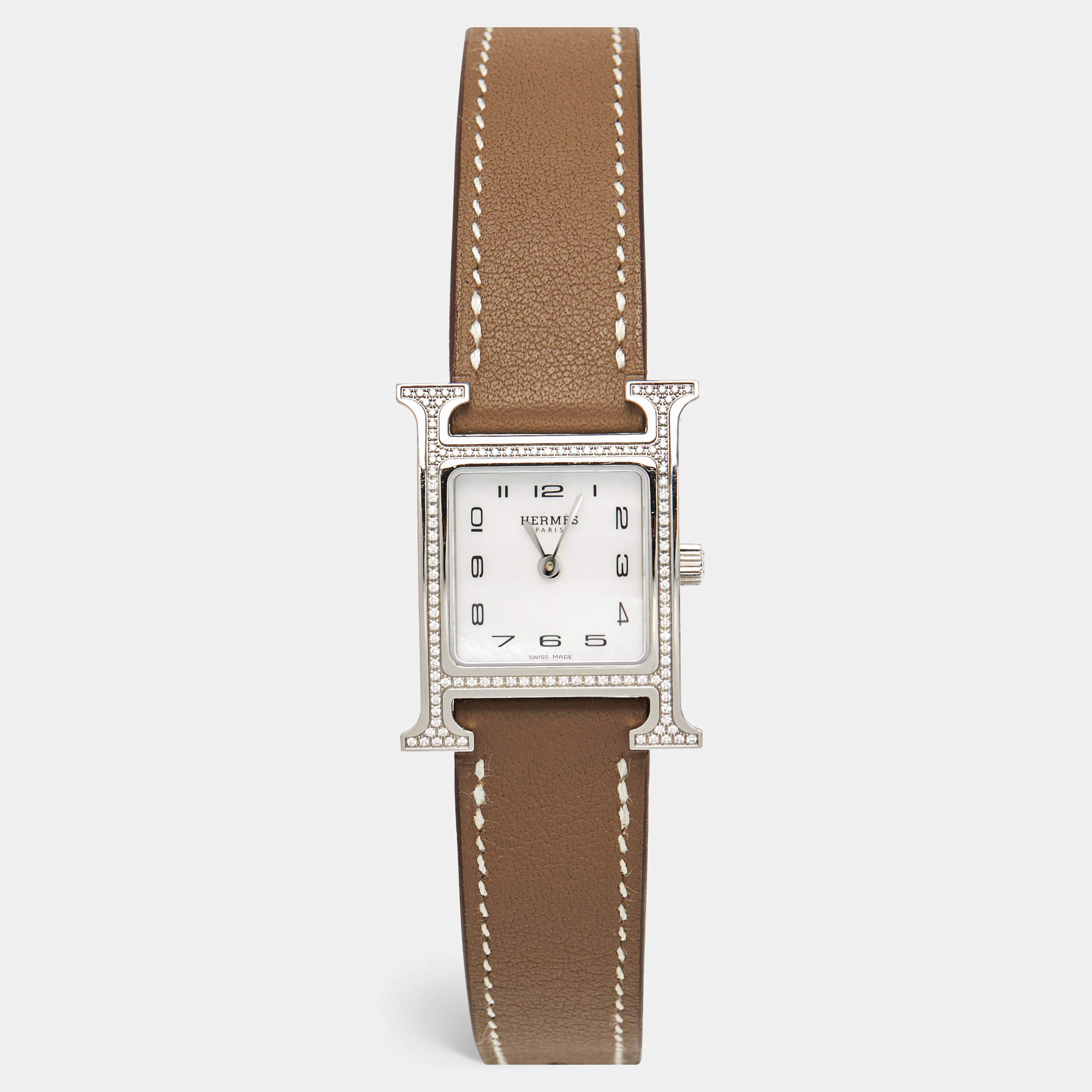 Hermes Mother Of Pearl Diamond Stainless Steel Leather Heure H W046512WW Women's Wristwatch 21 mm