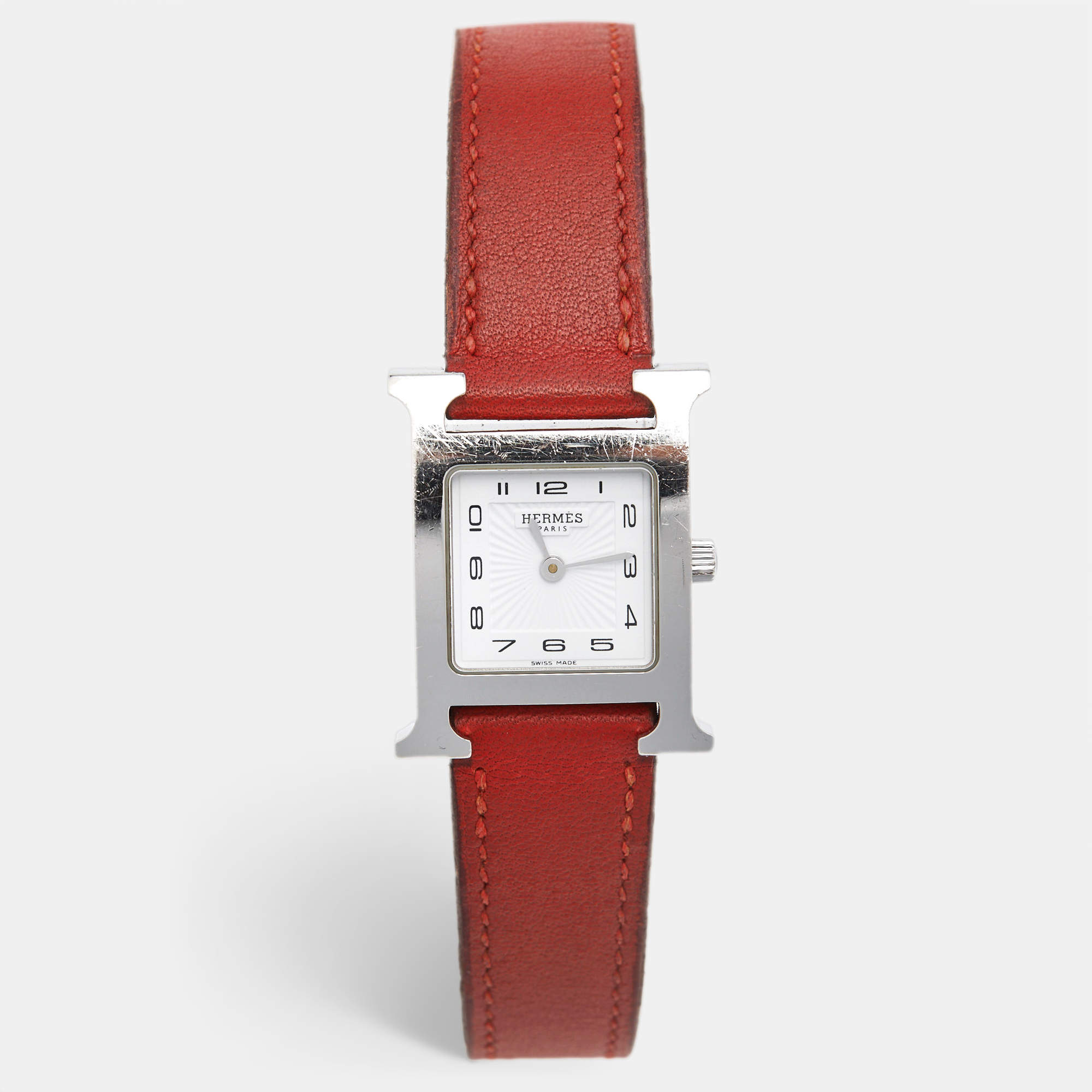 Pre Owned Hermes White Stainless Steel Leather Heure H HH1.210 Women's Wristwatch 21 mm