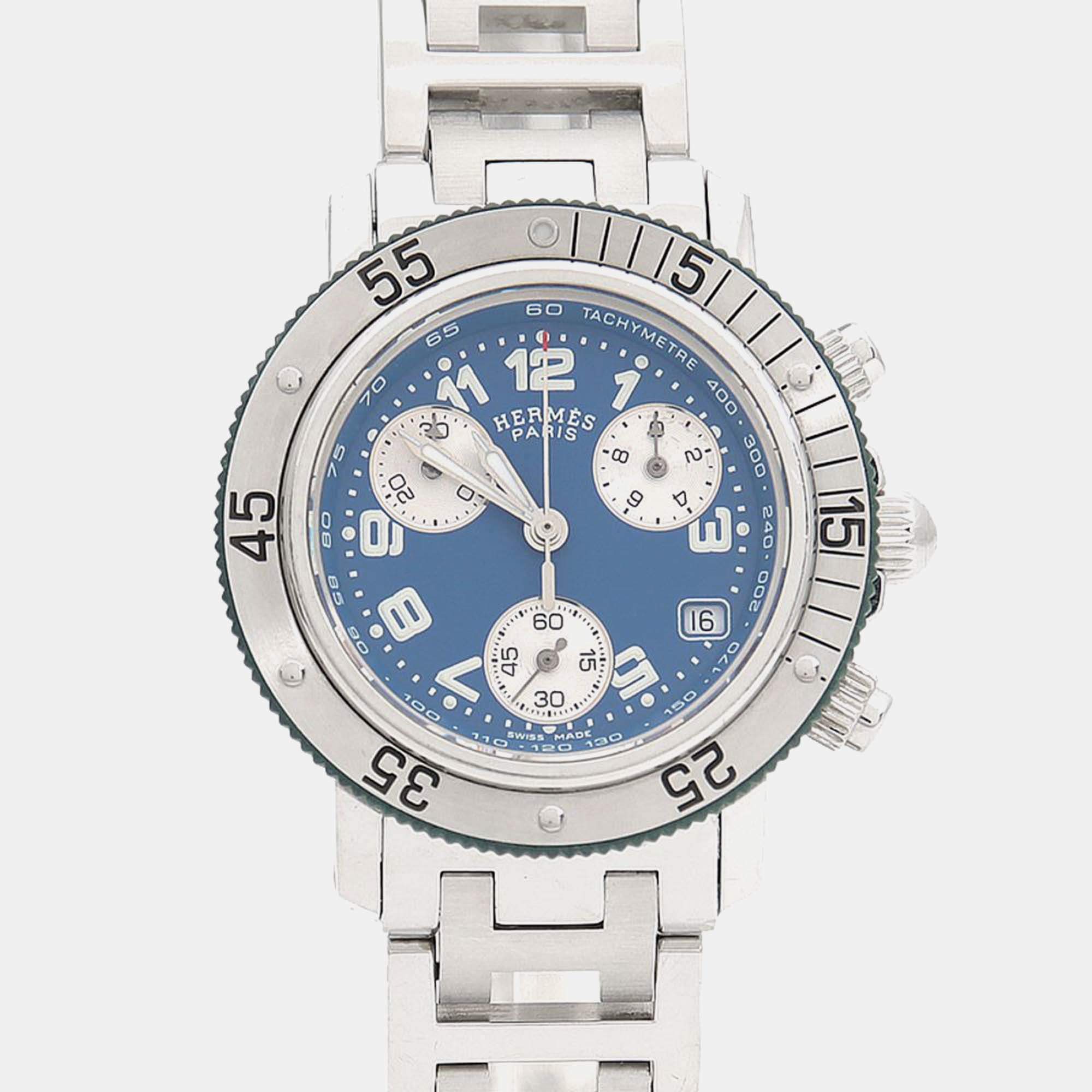 Pre Owned Hermes Clipper CL2.317 Quartz Blue Stainless Steel Women's Wristwatch 33.5 mm