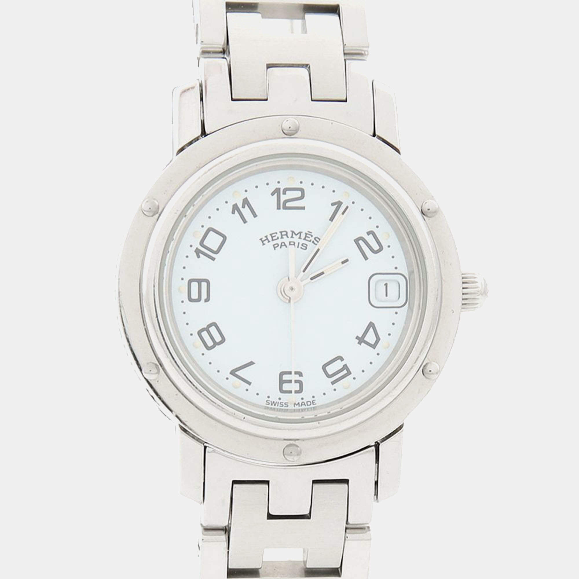 Pre Owned Hermes Clipper CL4.210 Quartz White Stainless Steel Women's Wristwatch 24 mm