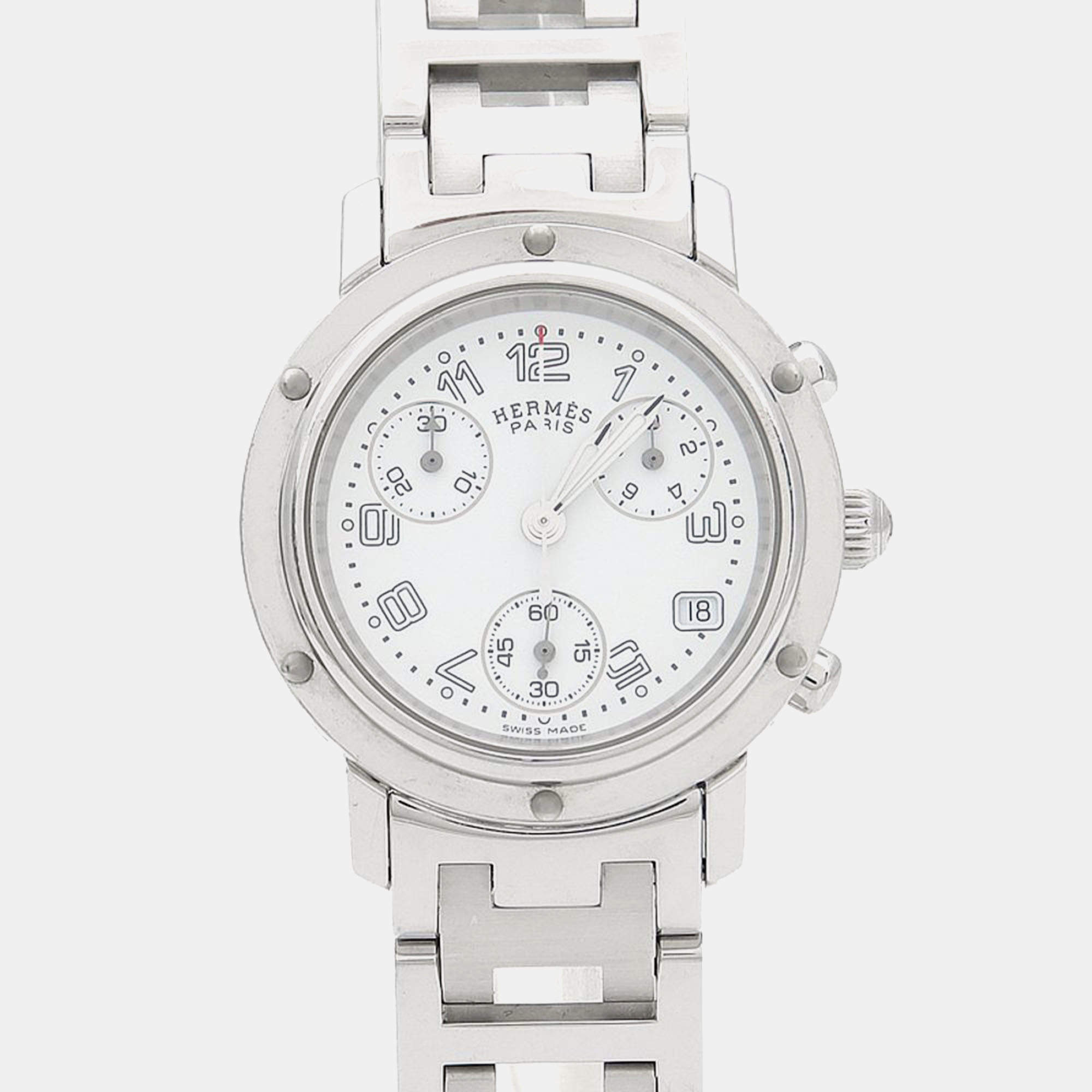 Pre Owned Hermes Clipper CL1.310 Quartz White Stainless Steel Women's Wristwatch 31 mm