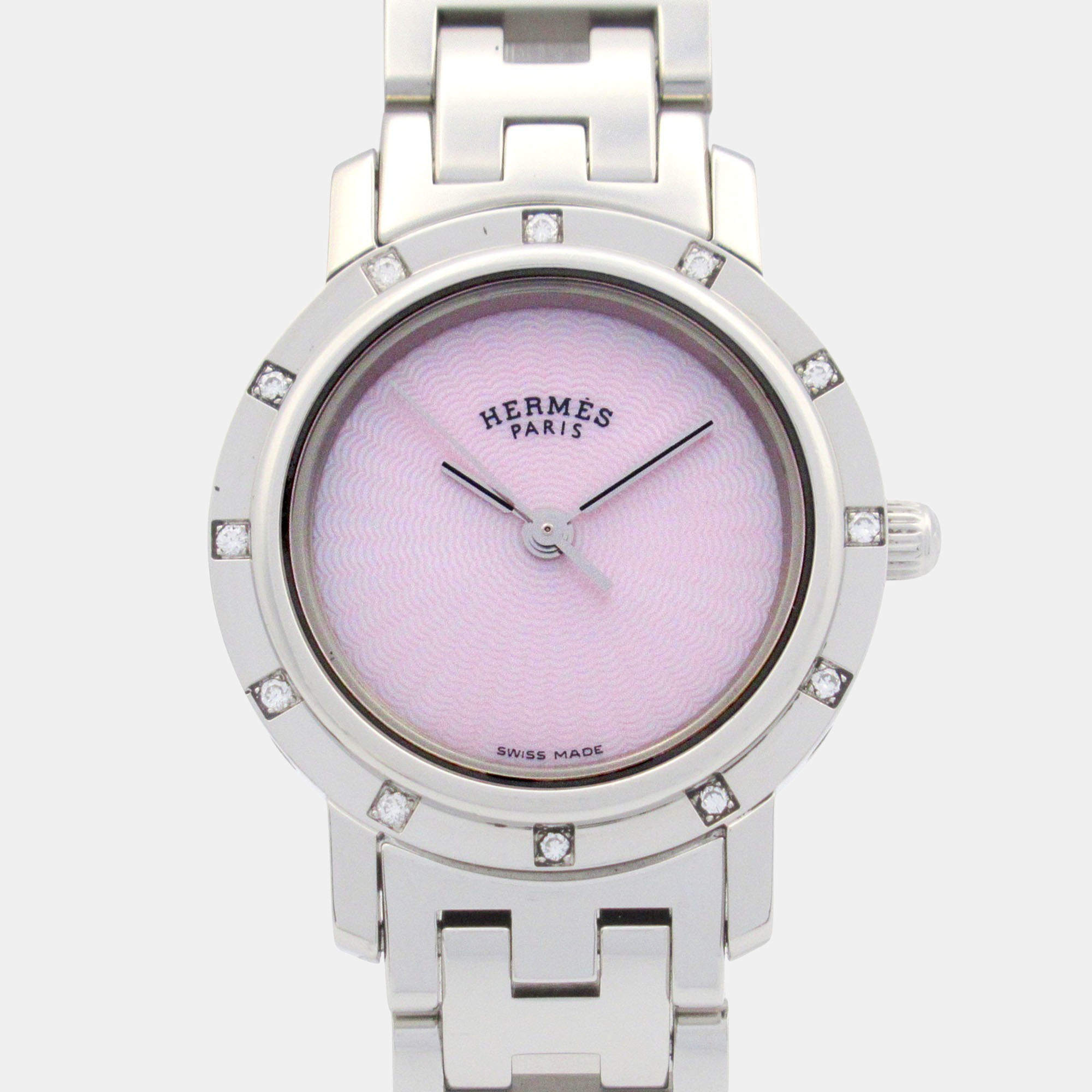 Pre Owned Hermes Clipper CL4.230 Quartz Pink Stainless Steel Women's Wristwatch 24 mm