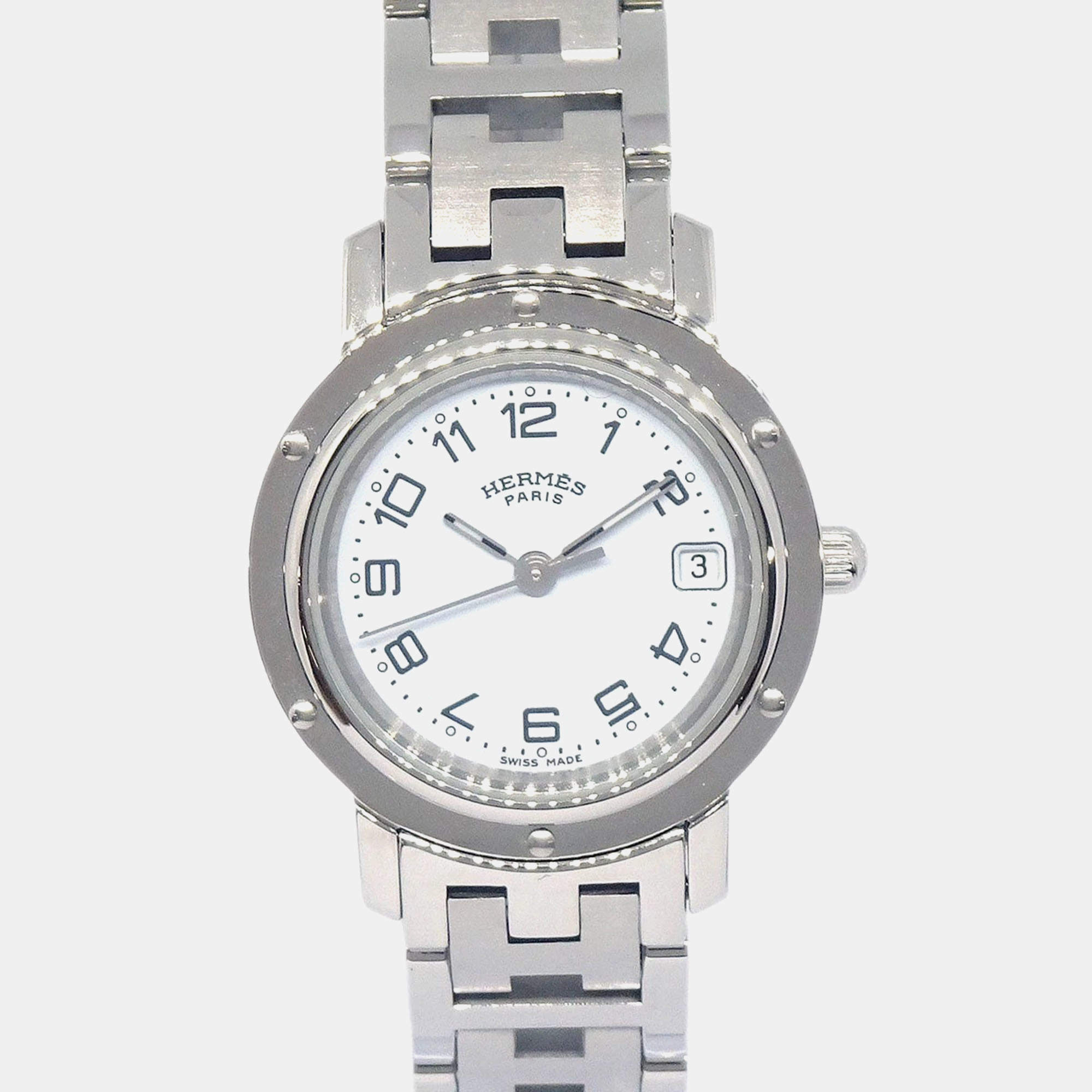 Pre Owned Hermes Clipper CL4.210 Quartz White Stainless Steel Women's Wristwatch 24 mm