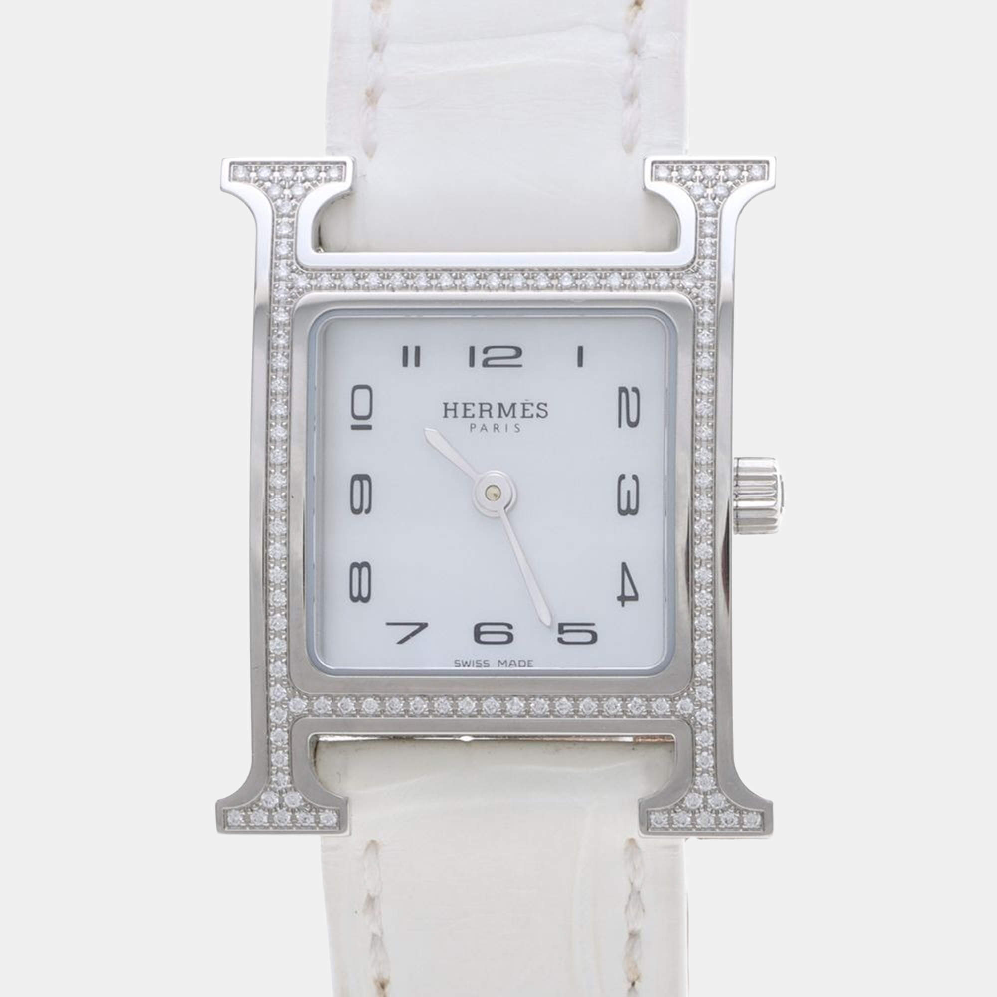 Pre Owned Hermes H Hour HH1.235 Quartz White Diamonds, Stainless Steel Women's Wristwatch 26mm