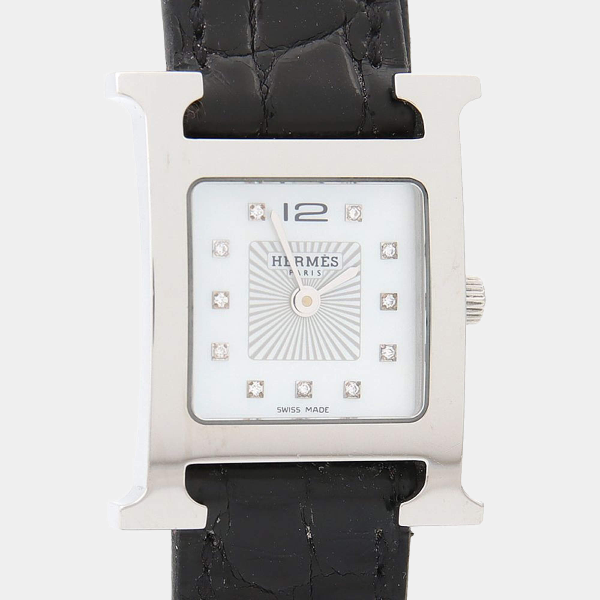 Pre Owned Hermes H Hour HH1.210 Quartz White Diamonds, Stainless Steel Women's Wristwatch 26mm