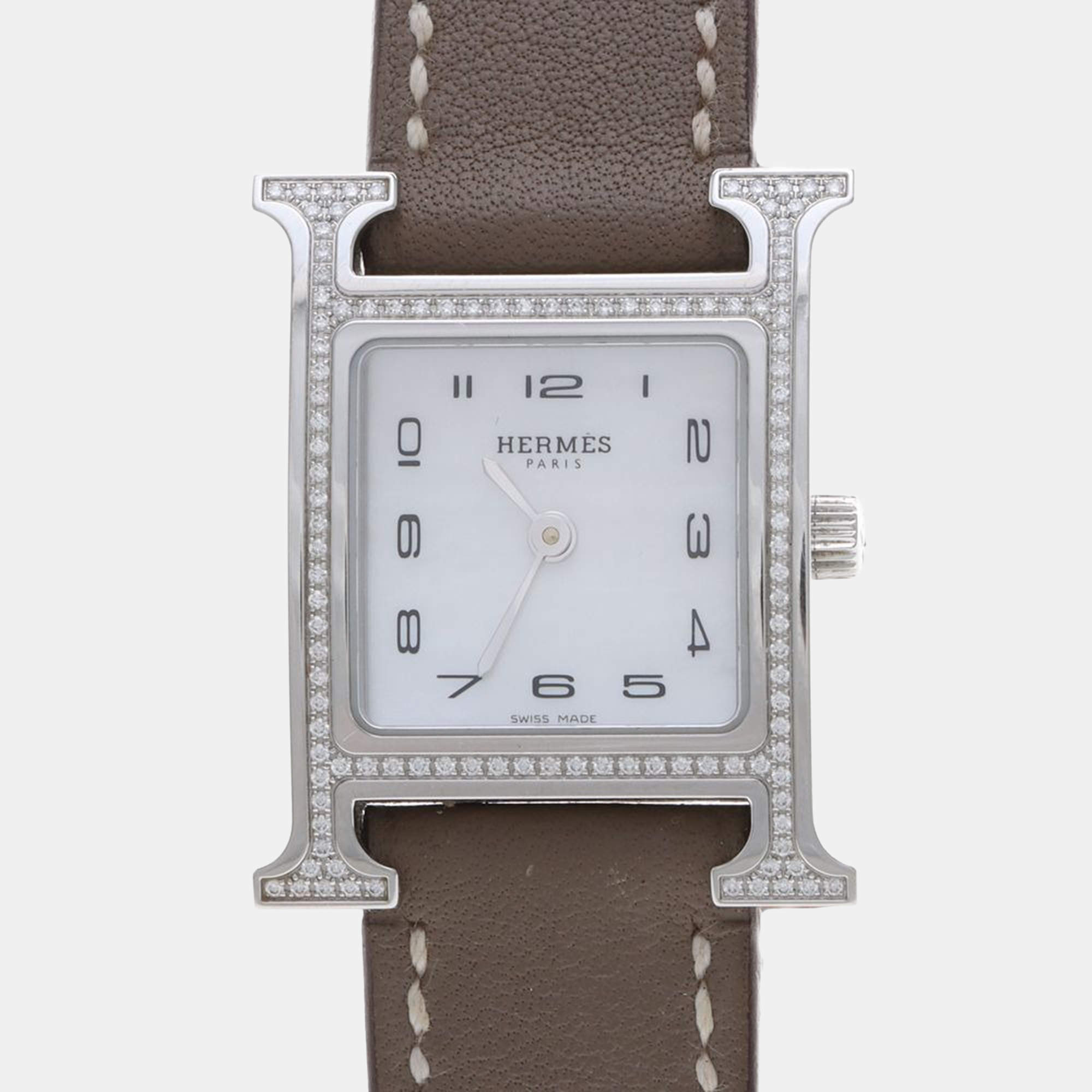 Pre Owned Hermes H Hour HH1.235 Quartz White Diamonds Stainless Steel Women's Wristwatch 26mm
