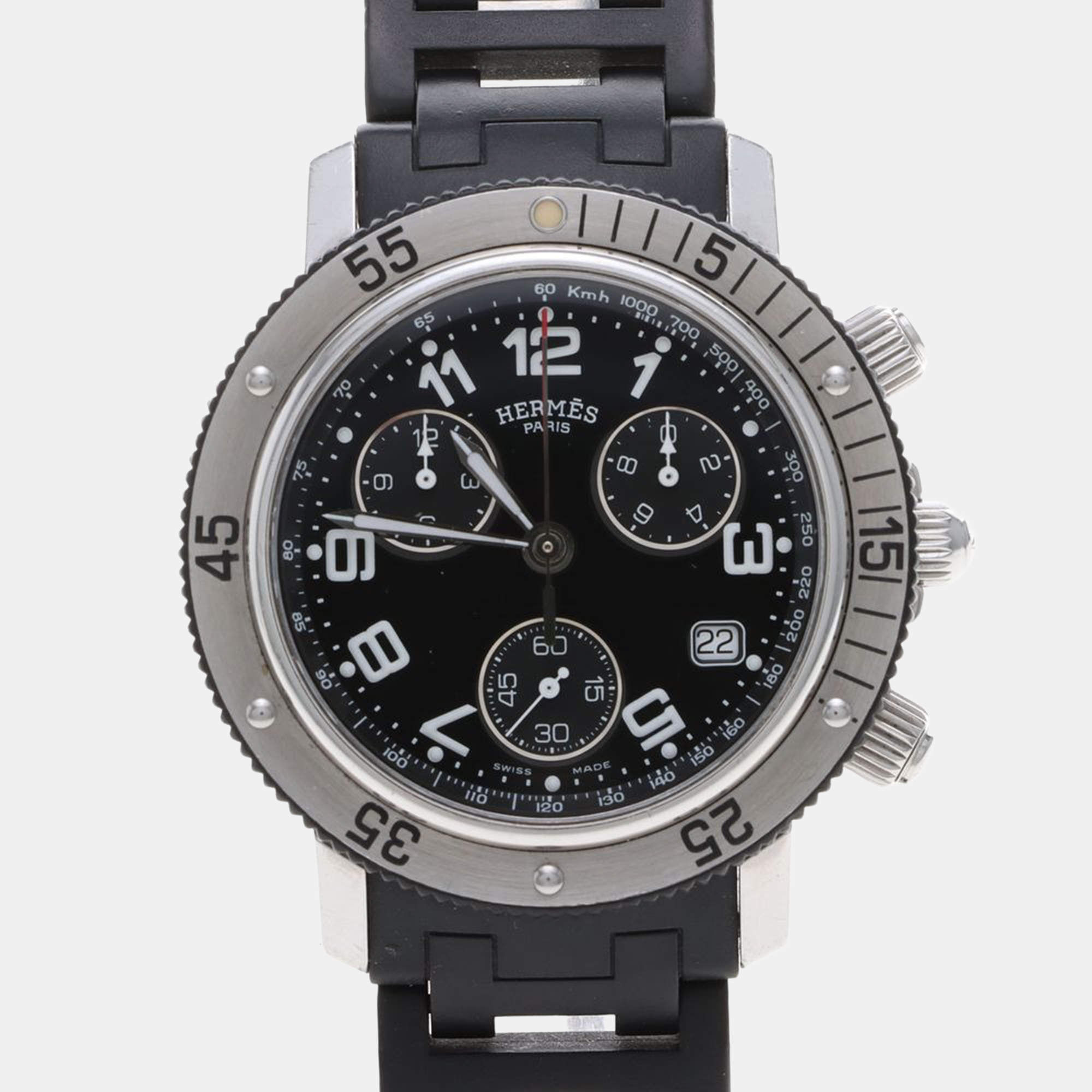 Pre Owned Hermes Clipper Chronograph CL2.915 Quartz Black Stainless Steel Men's Wristwatch 38mm