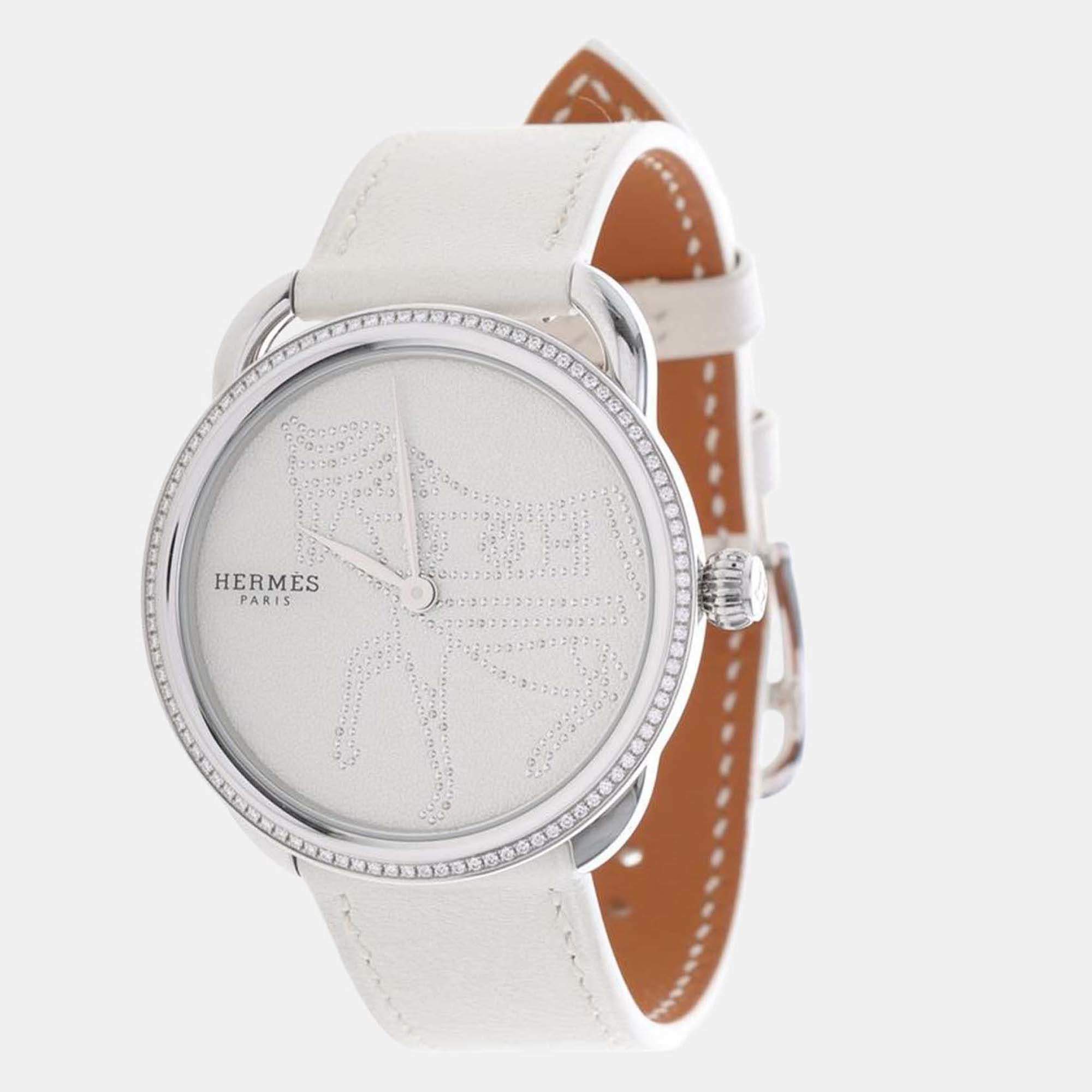 Pre Owned Hermes Arco AR5.430 Quartz White Diamonds Stainless Steel Women's Wristwatch 36mm
