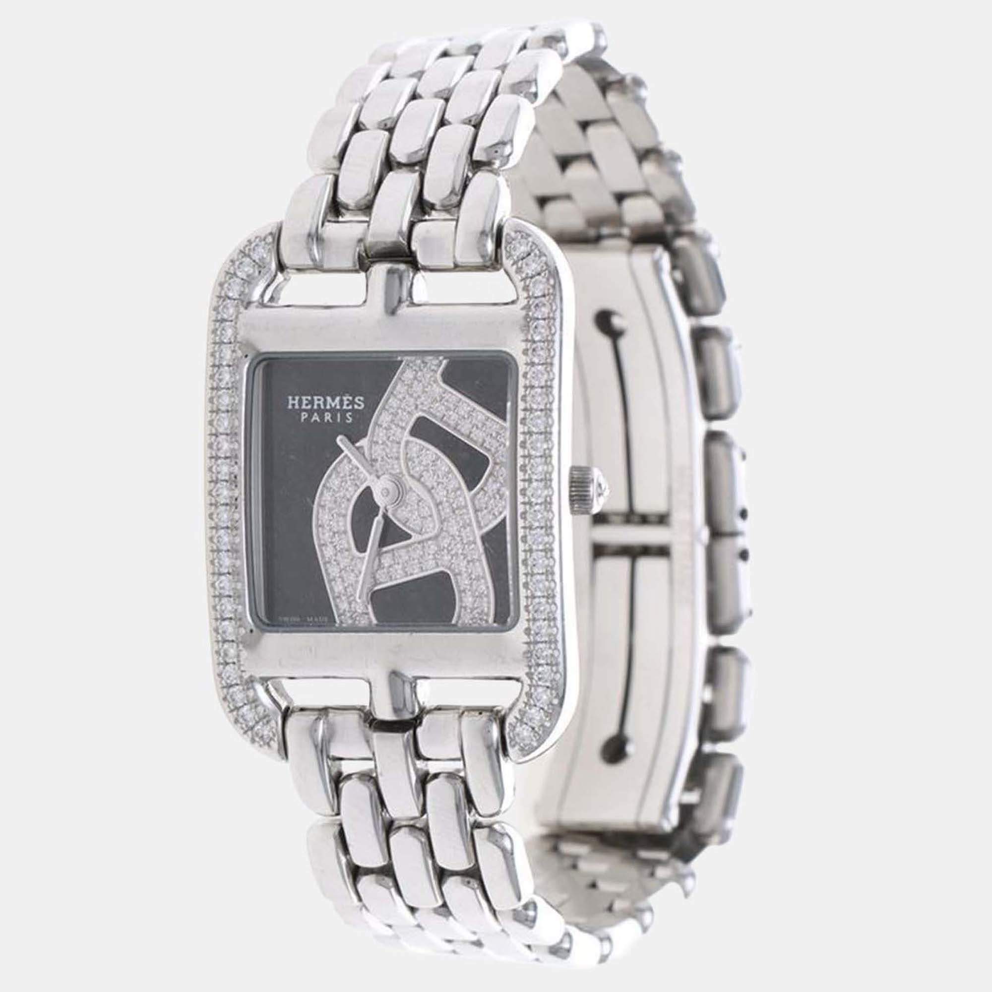 Pre Owned Hermes Cape Cod CC1.330 Quartz Black Diamonds Stainless Steel Women's Wristwatch 23mm