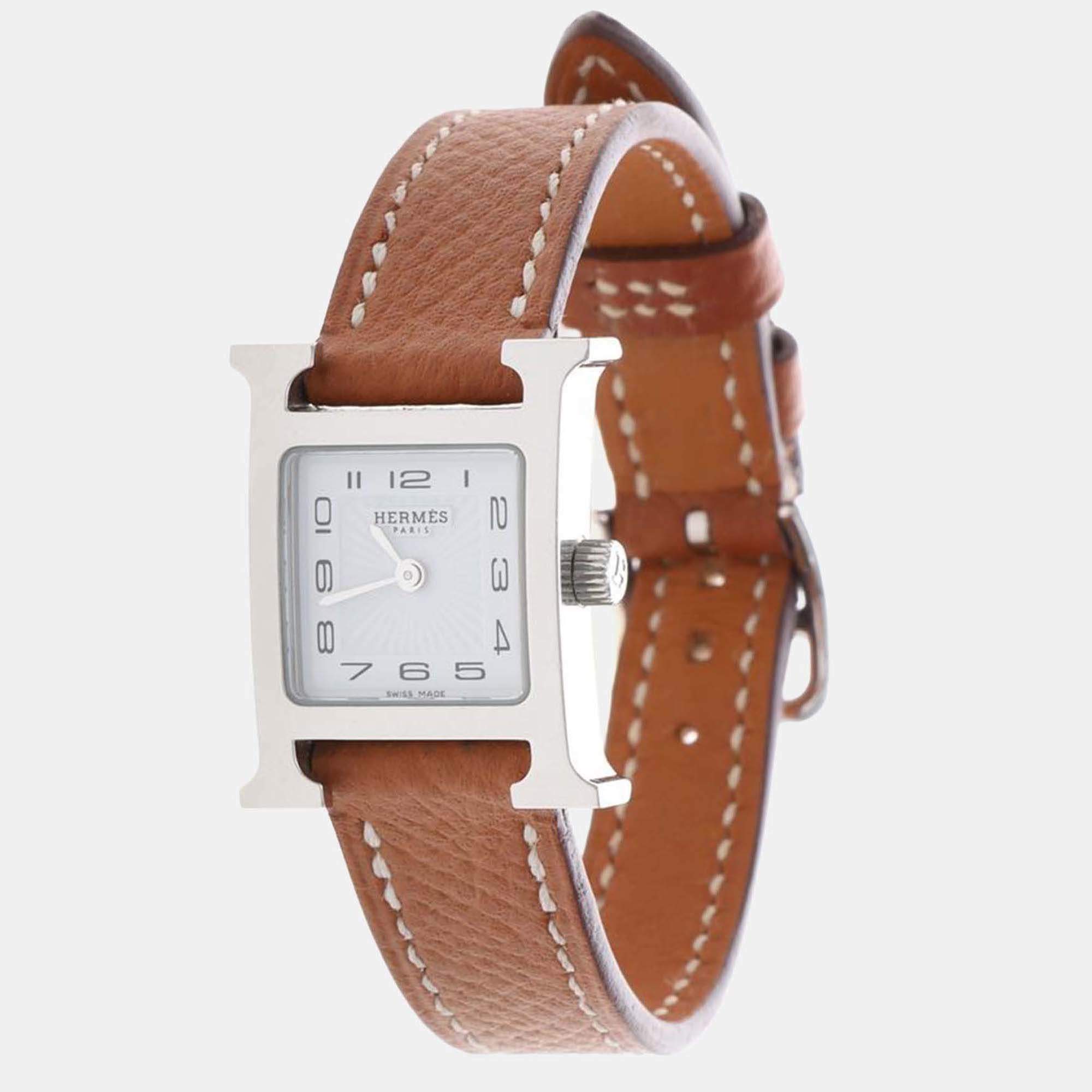 Pre Owned Hermes H Hour HH1.110 Quartz White Stainless Steel Women's Wristwatch 17.5mm