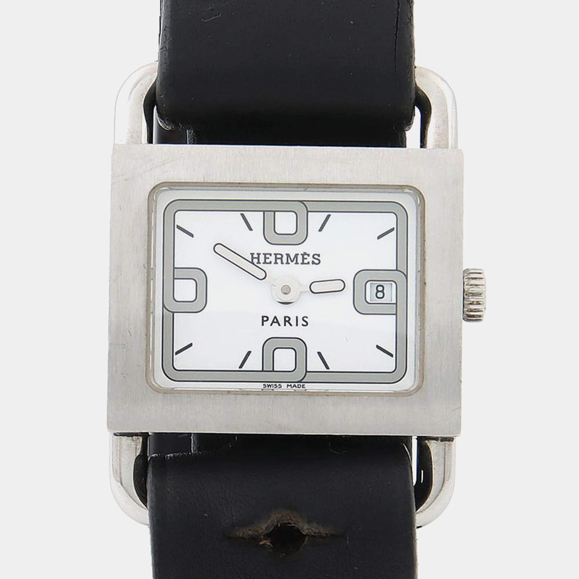 Pre Owned Hermes Barenia BA1.210 White Stainless Steel Quartz Women's Watches 25x20mm