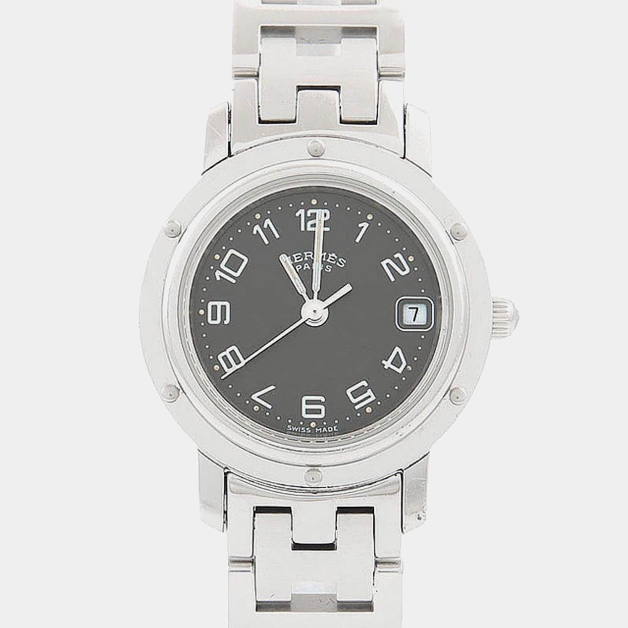 Pre Owned Hermes Clipper CL4.210 Black Stainless Steel Quartz Women's Wristwatch 24 mm