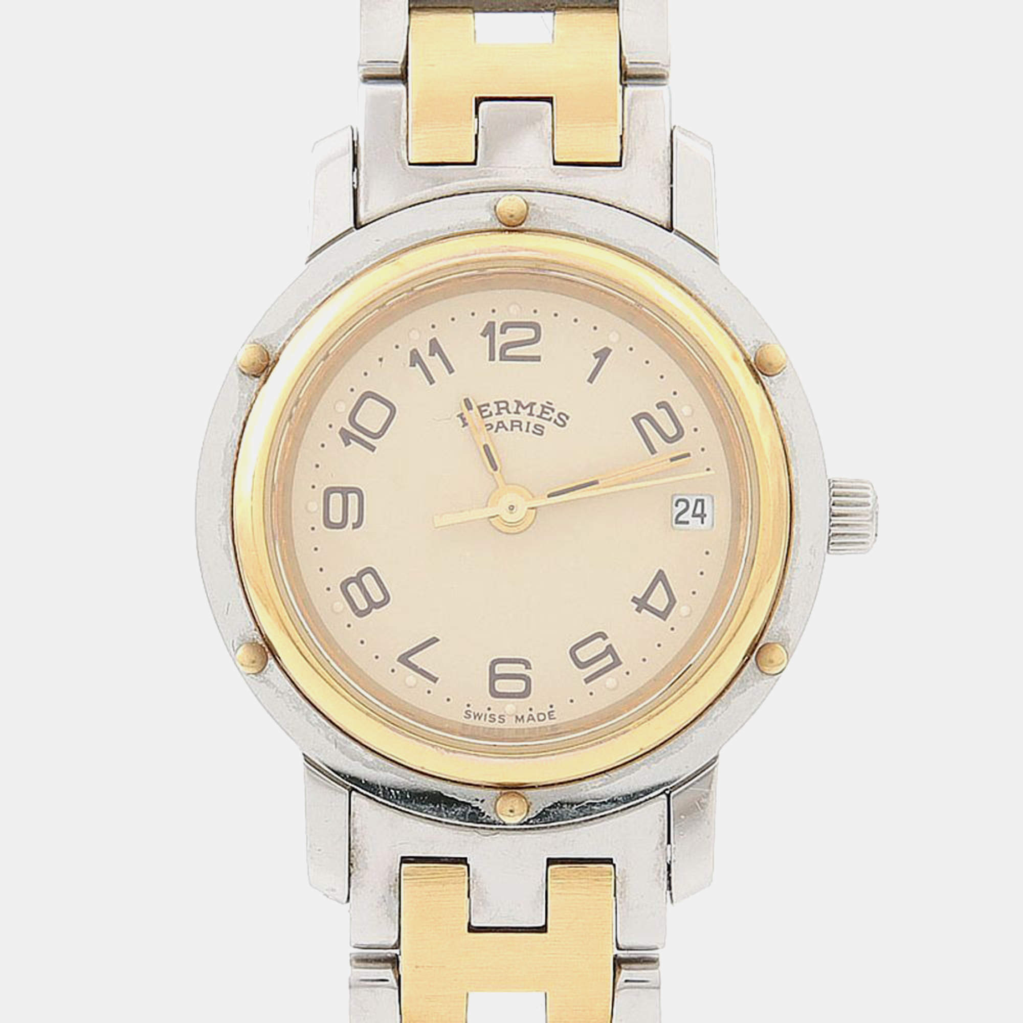Pre Owned Hermes Clipper CL3.240 Beige Yellow Gold Plated, Stainless Steel Quartz Women's Wristwatch 24mm