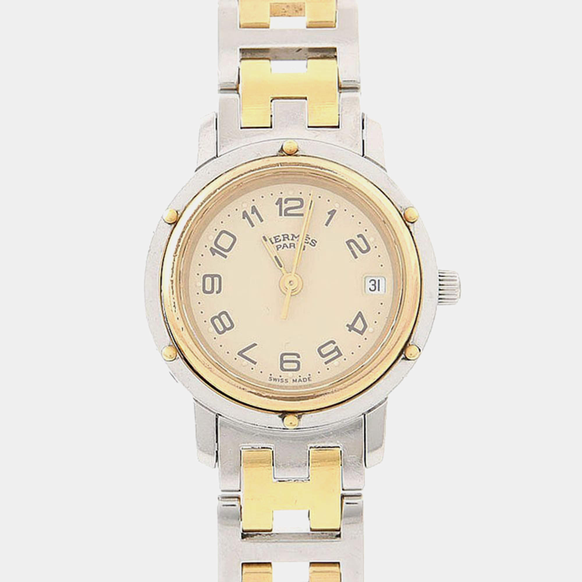 Pre Owned Hermes Clipper CL3.240 Beige Yellow Gold Plated, Stainless Steel Quartz Women's Wristwatch 24mm