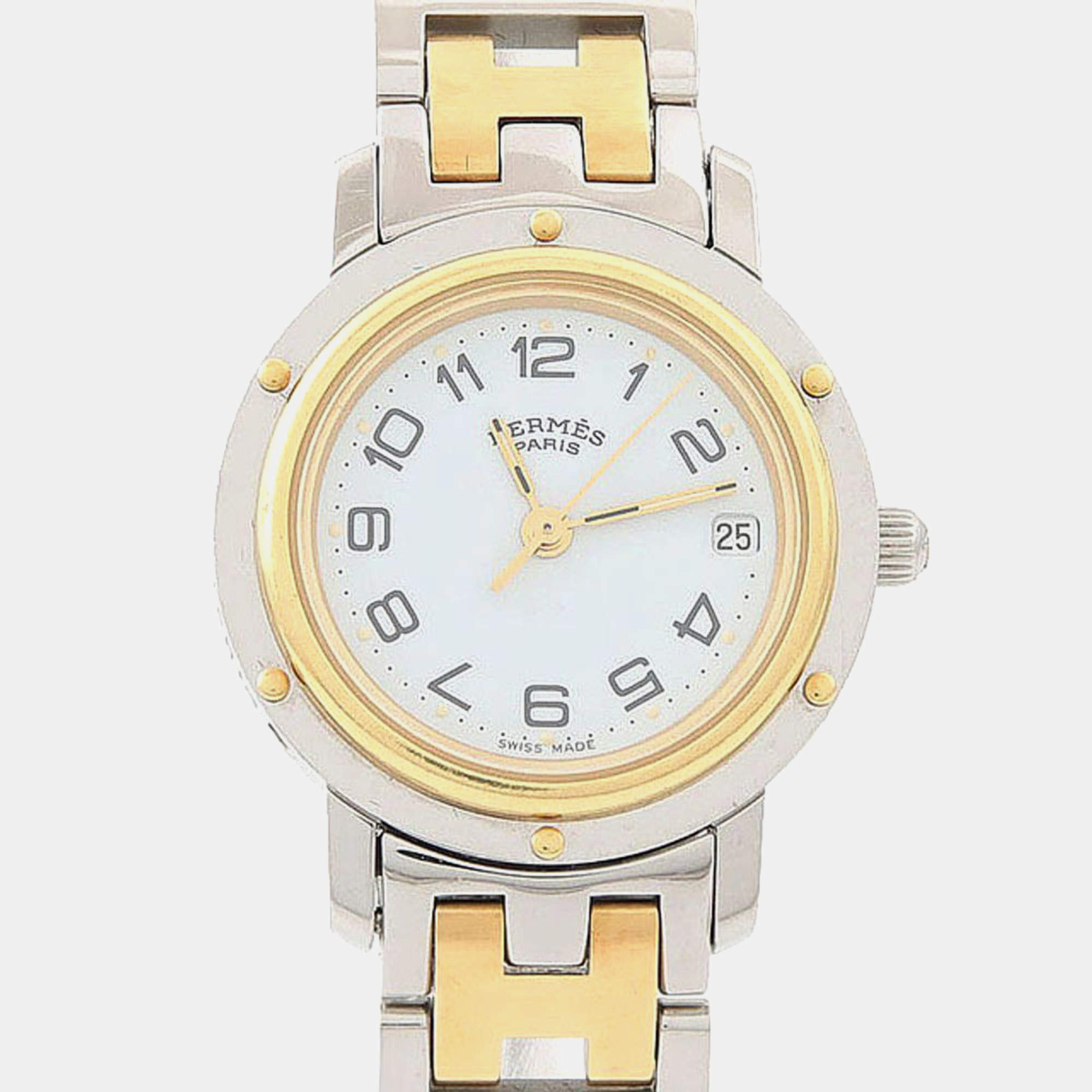 Pre Owned Hermes Clipper CL4.220 White Yellow Gold Plated, Stainless Steel Quartz Women's Watches 24mm