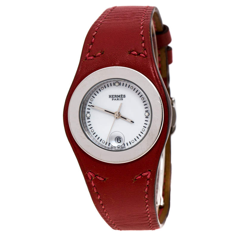 Pre Owned Hermes White Stainless Steel Red Leather Harnais HA3.210 Women's Wristwatch 27.50 cm