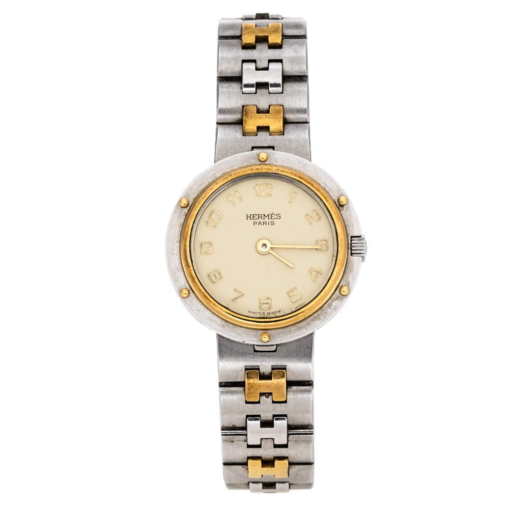 Pre Owned Hermes Beige Two-Tone Stainless Steel Clipper Women's Wristwatch 24 mm