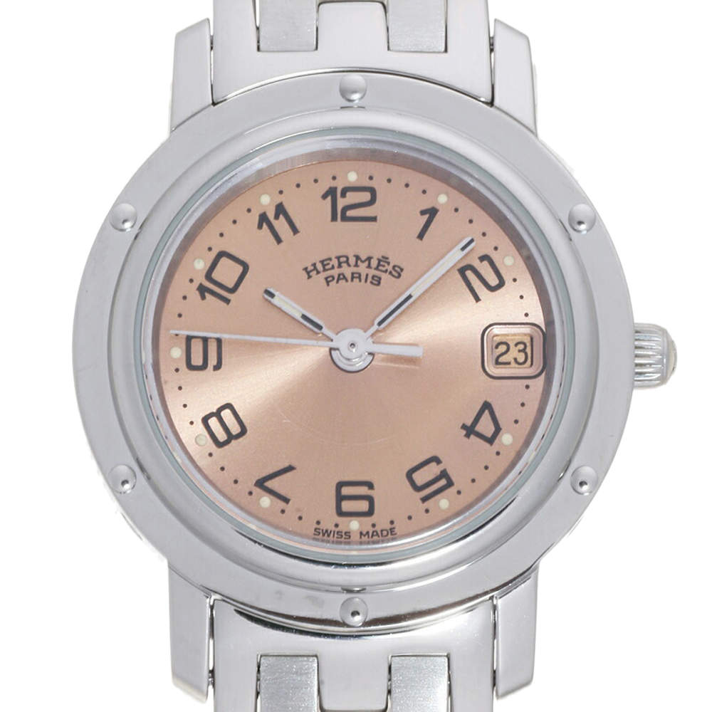 Pre Owned Hermes Pink Stainless Steel Clipper CL4.210.431.13758 Women's Wristwatch 24 MM