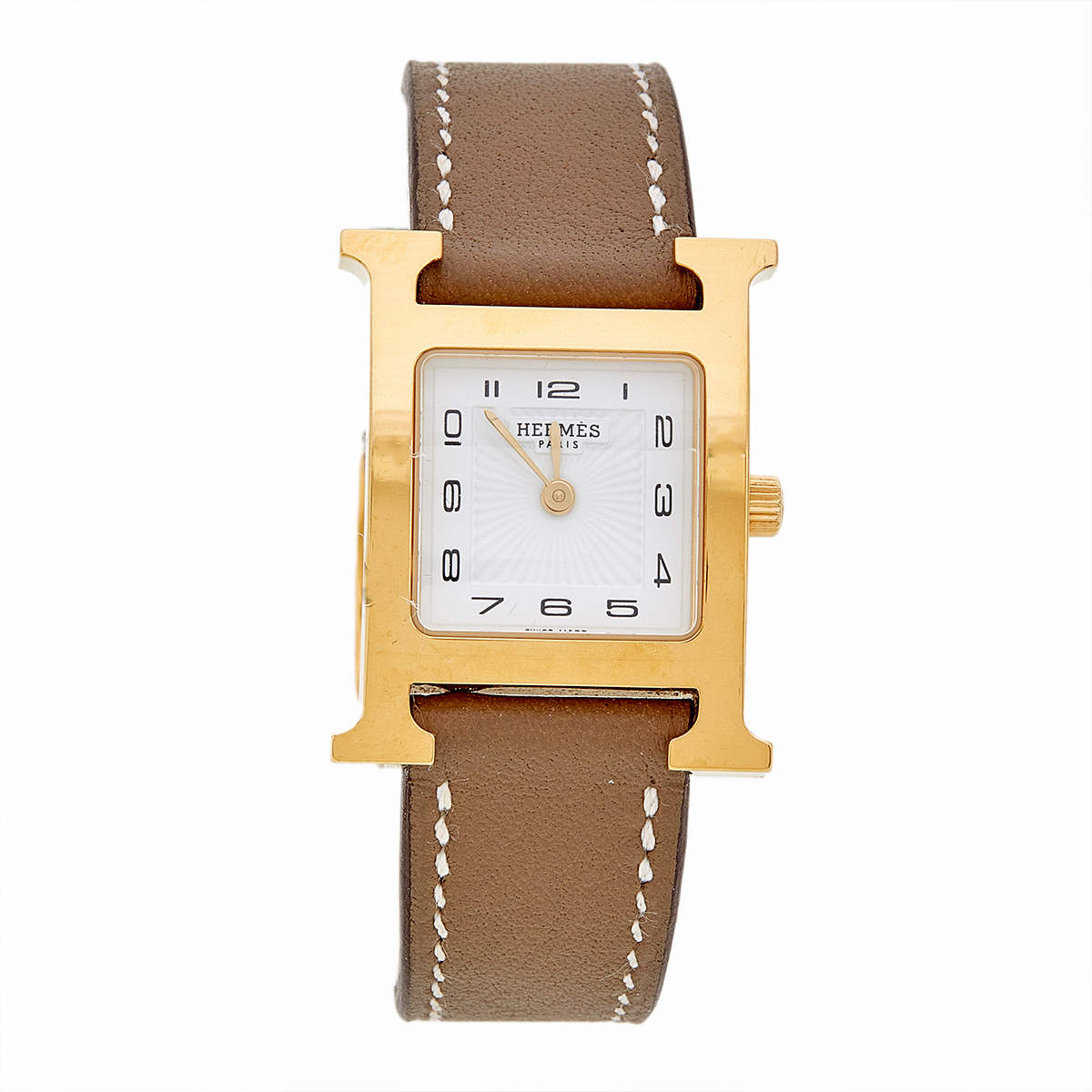 Pre Owned Hermes White Yellow Gold Plated Stainless Steel Leather Heure H HH1201 Women's Wristwatch 21 mm 