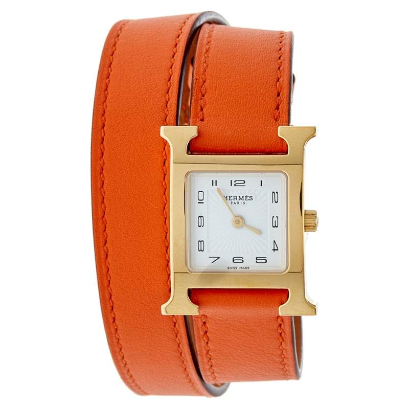 Hermes White Gold Plated Stainless Steel Leather Double Tour HS036737WW00 Women's Wristwatch 21 mm
